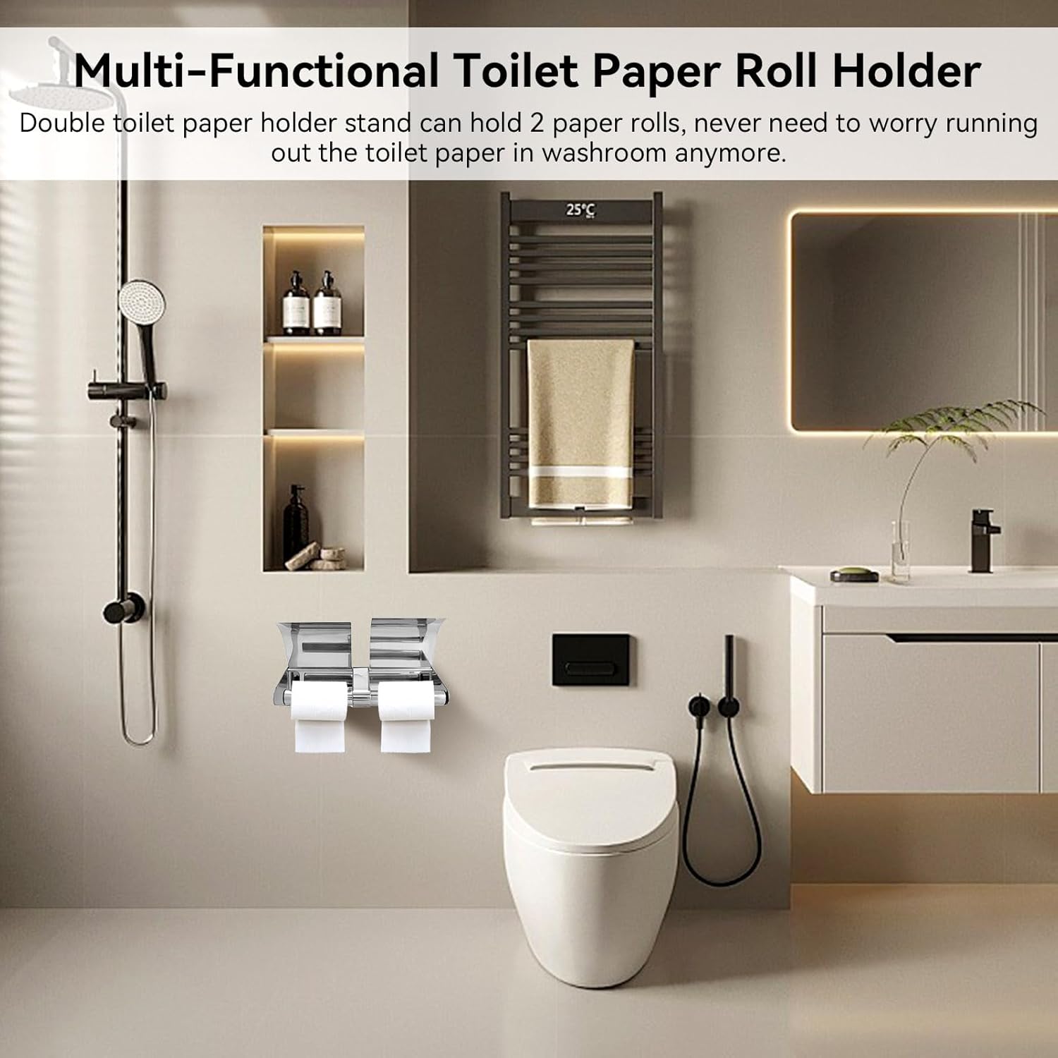 Double Toilet Paper Holder, Stainless Steel Commercial Tissue Roll Dispenser with Lock and Keys Double Toilet Paper Holder with Shelf