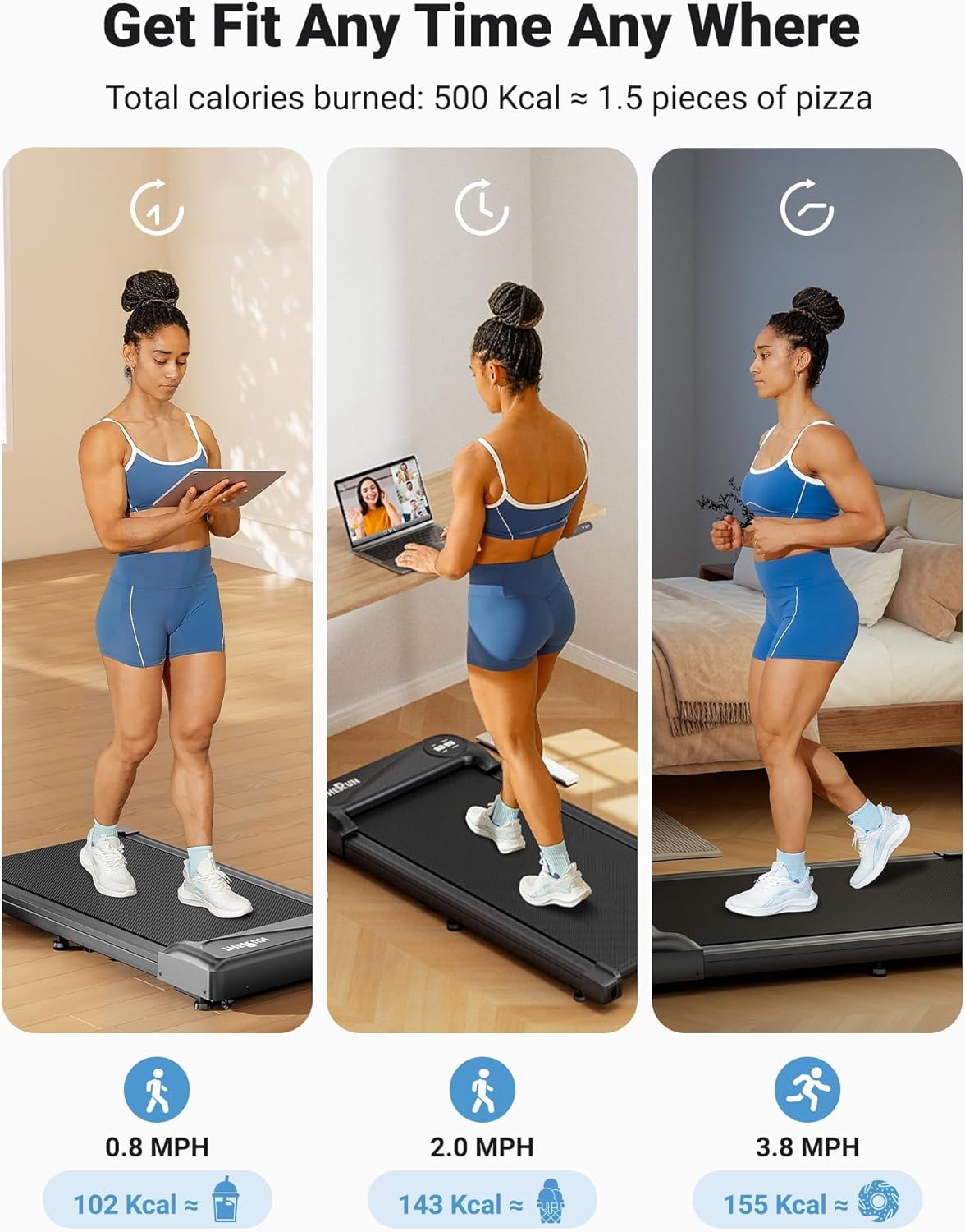 THERUN Walking Pad Treadmill being stored vertically against a wall