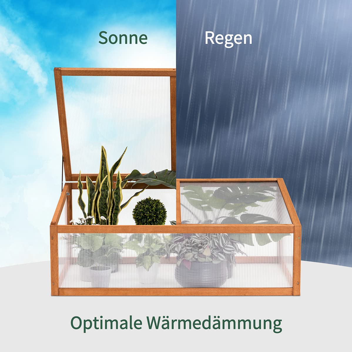 MCombo Frühbeet Gewächshaus Treibhaus Frühbeetkasten Aufsatz Pflanzenbeet mit Abdeckung für Jungpflanzen 0698, aus Holz und Polycarbonat