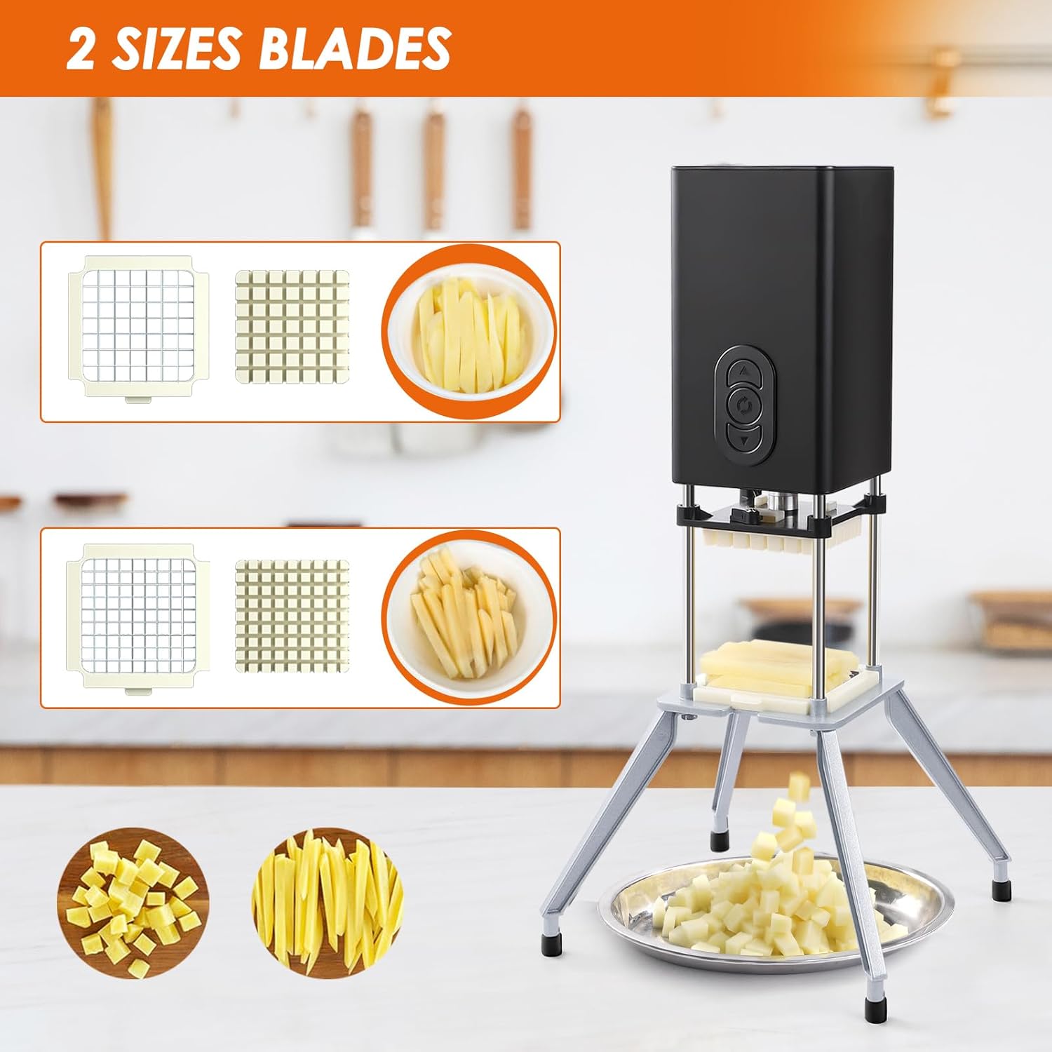 SIXRARI Electric French Fry Cutter, Vertical French Fry Cutter Stainless Steel, Professional Commercial and Household Potato Cutter with 1/2&3/8 Inch Blade, Automatic Potato Slicer (black)