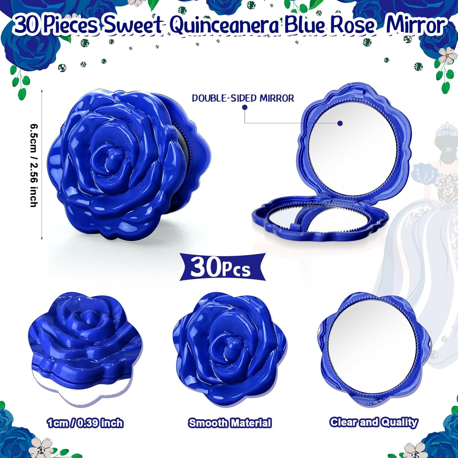 Wenqik 30 Sets Quinceanera Party Favors for Guests Rose Design Compact Pocket Mirrors Quinceanera Cards Thank You Gift and Organza Bags Sweet 15 Mis Quince Birthday Party Favor (Blue) - Image 2
