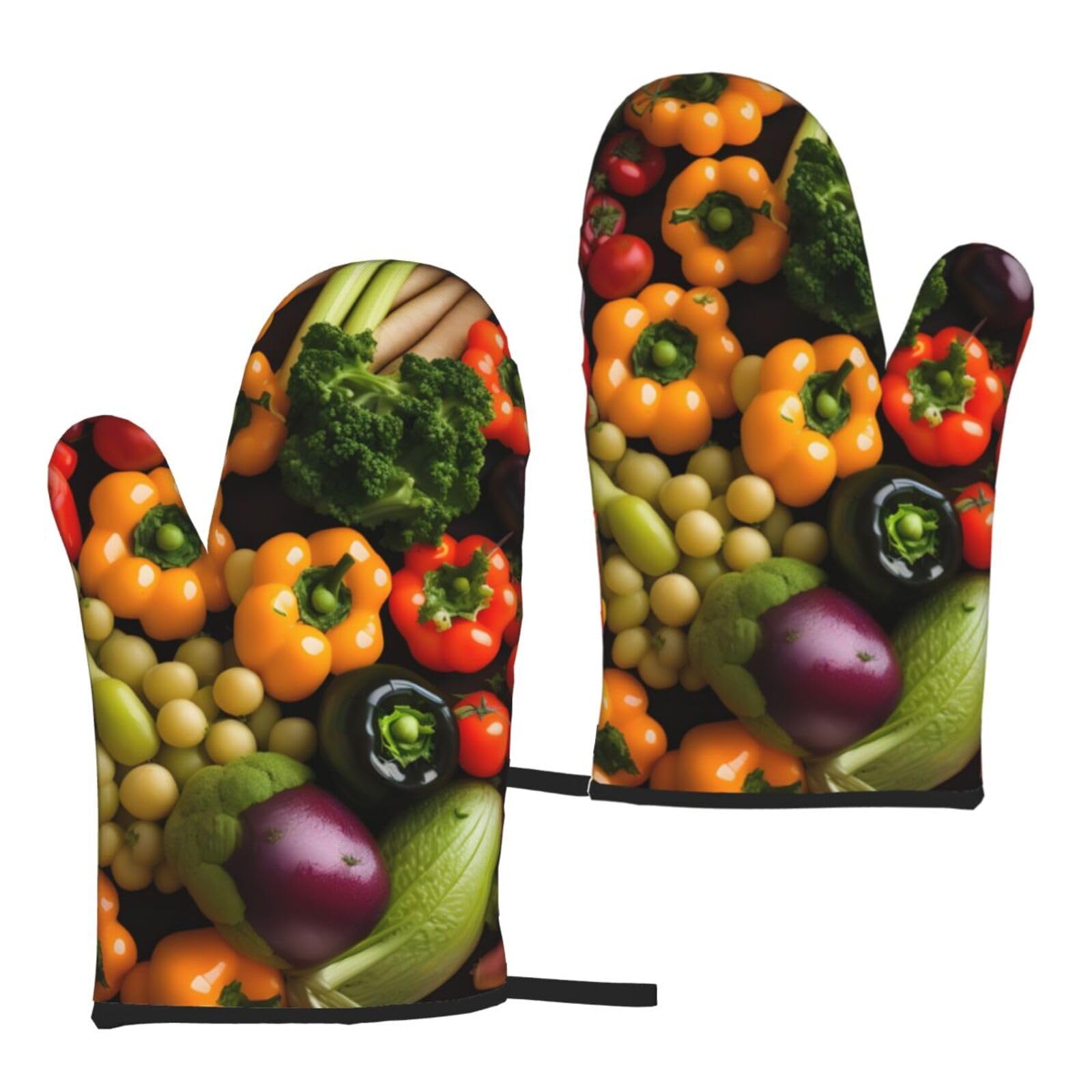 Nimongt Women's Black Variety Fresh Vegetables Fruits Print Adults Universal Fit Heat Resistant Oven Gloves Reusable Cooking Outdoor Grilling