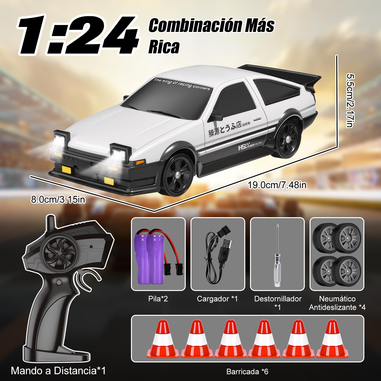 BuzzoXerex Coche Teledirigido Drift, 1:24 Drift RC Car, 18km/h 4WD Mini Car Teledirigido con Kit Barricada, Luces LED, Radiocontrol Coche de Juguete para Adultos y Niños Mayores de 6 Años (Blanco)