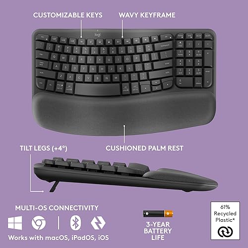 Miniatura 6 de Logitech Wave Keys MK670 Combo, teclado ergonómico inalámbrico con mouse inalámbrico M550 L, escritura natural cómoda, Bluetooth, perno Logi, para