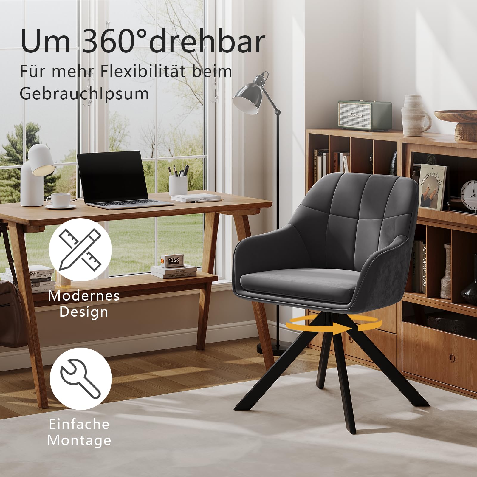 Esszimmerstühle drehbar 2er Set Grau Armlehnenstuhl Polsterstuhl drehstuhl Esszimmer drehstühle aus Samt Küchenstuhl mit Metallbeine für Wohnzimmer Esszimmer