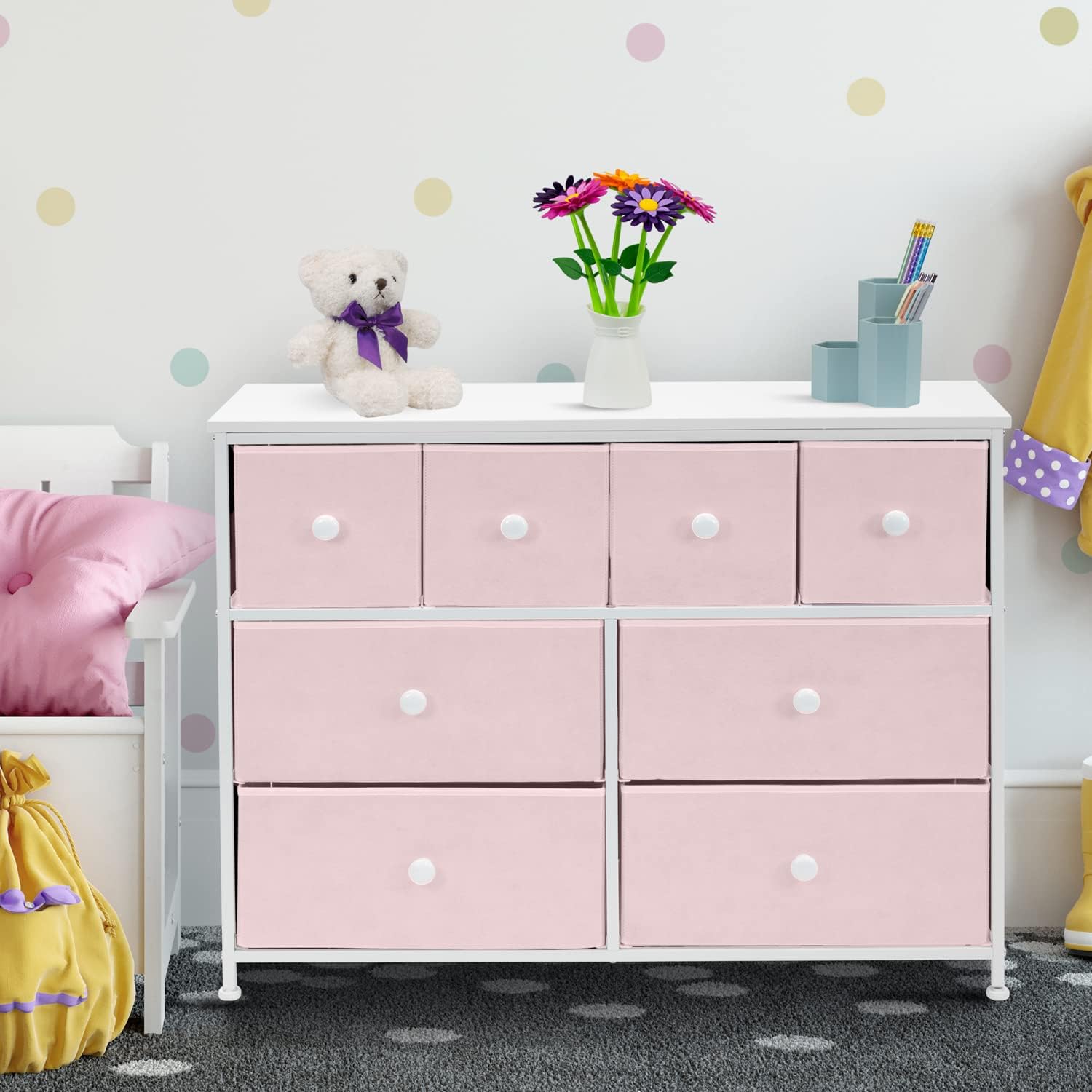 Sorbus Fabric Dresser for Kids Bedroom - Chest of 8 Drawers, Storage Tower, Clothing Organizer, for Closet, for Playroom, for Nursery, Steel Frame, Fabric Bins - Knob Handle (Pastel Pink) : Baby