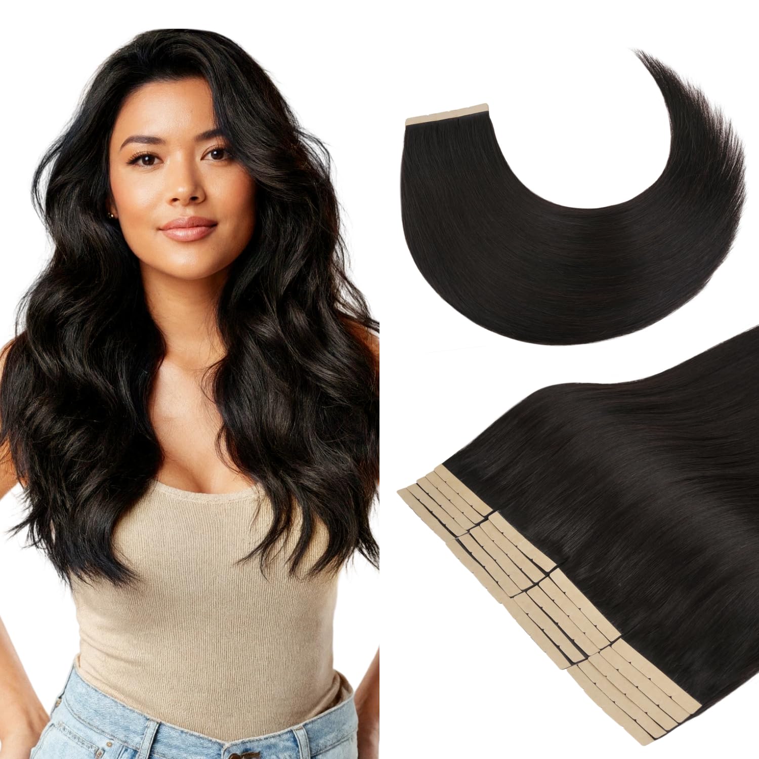 GOO GOO Tape in Hair Extensions Human Hair, 18inch 100g 20pcs, 8cm Wide Tape Weft Hair extenisons,1B Natural Black