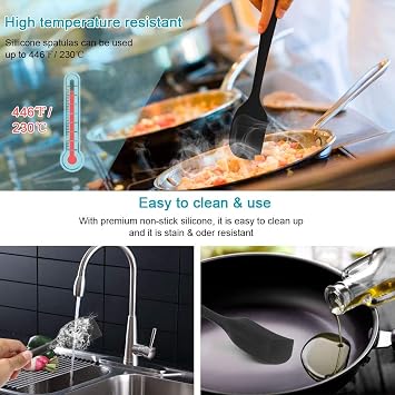 Vicloon Silicone kitchen assistant, 6pcs silicone spatula, soup spoon, oven brush, spatula, heat resistant and non-stick, stainless steel and seamless one-piece design (black)