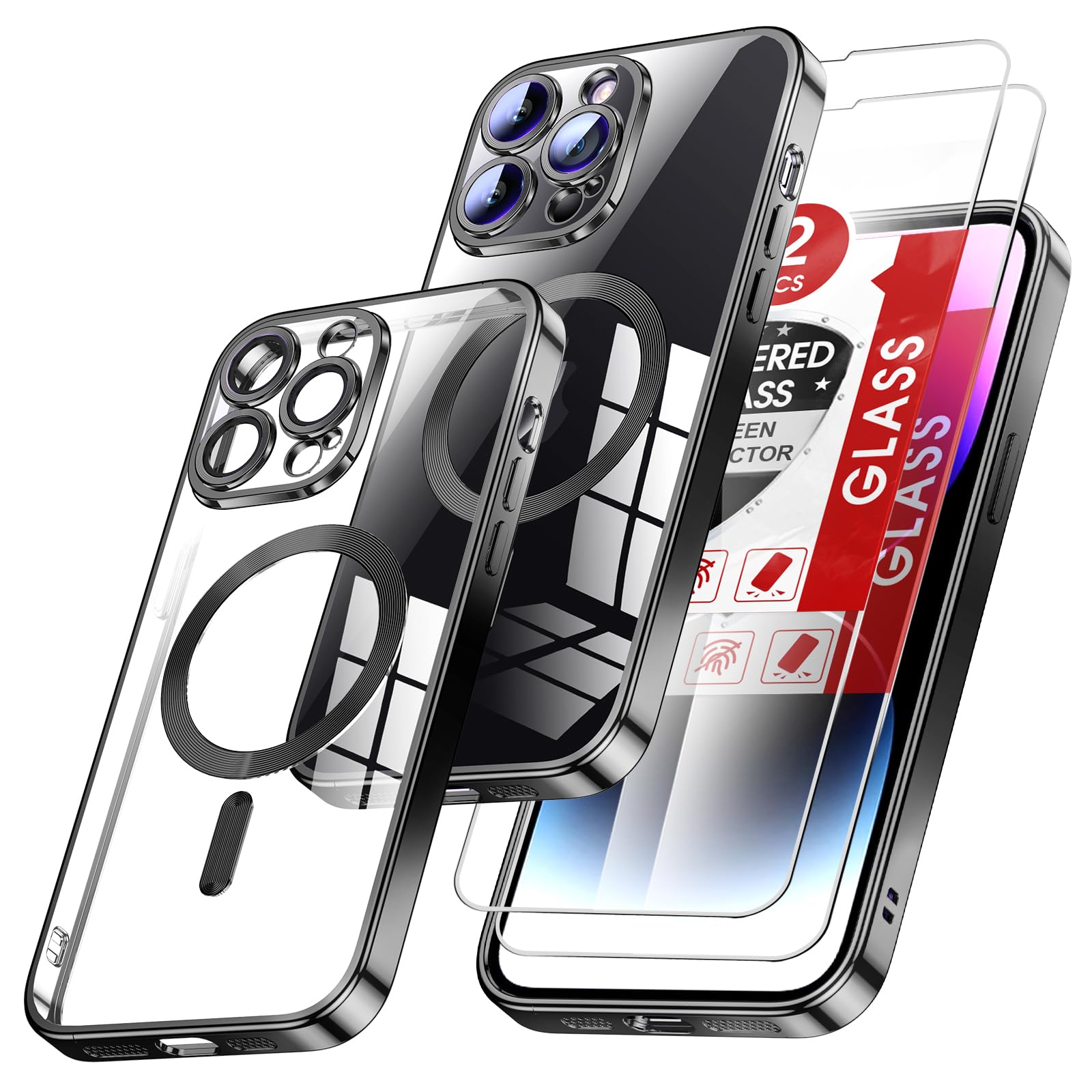 LeYi Cover Per IPhone 14 Pro Max Con MagSafe, 2 Vetri Temperati E Protezione Fotocamera, Custodia Sottile Antiurdo TPU, Trasparente Nero