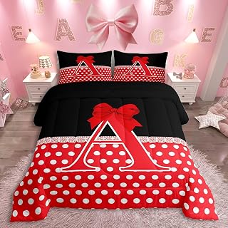 jejeloiu Bowknot Comforter Set Full Size 3 Pcs 2 Pillow Cases | Personalized Letter A Bedding Set for Boys Girls Romantic Princess Style Duvet Quilt Monogrammed Room Decor Initials A Decor