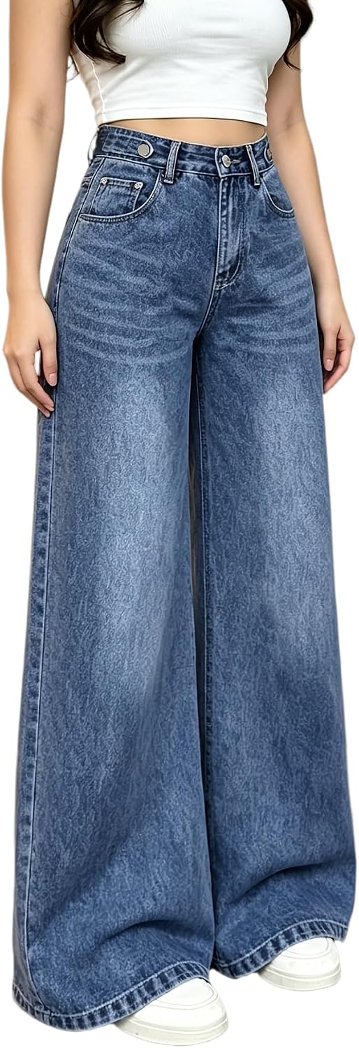 Ladies' Long Jeans, Slightly Elastic Vintage Jeans, Loose Wide-leg Style, Fashionable, Durable Fabric, Suitable for Both Daily Outfits and Casual Wear
