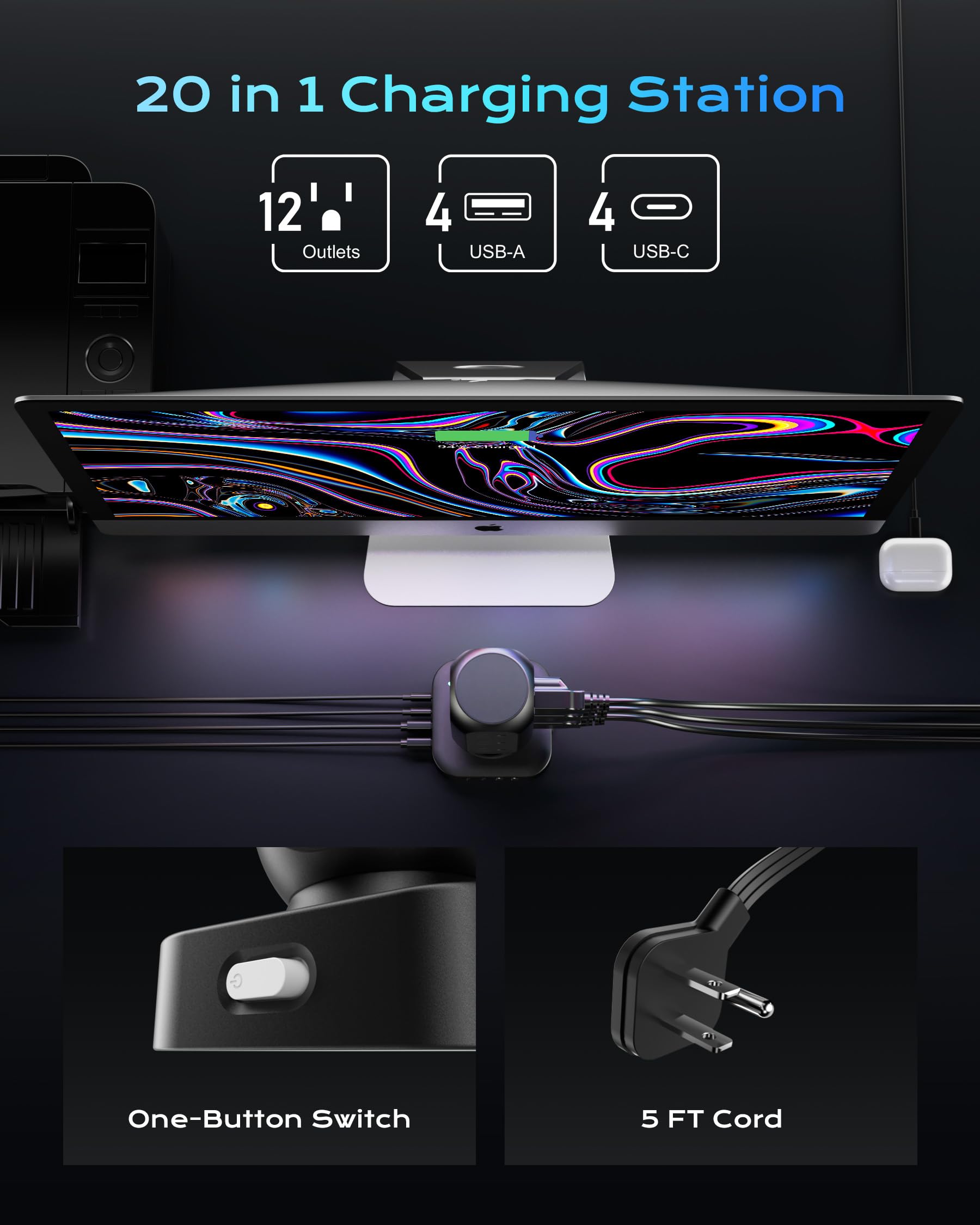Protector de sobretensiones de torre, 12 salidas de CA y 8 puertos USB, cable de extensión de enchufe plano de 5 pies con múltiples tomas, extensor de salida de 24 W, protección contra sobrecarga para