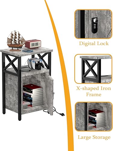 Miniatura 5 de Mesita de noche de madera con cerradura, mesa auxiliar de cama con cajones, mesita de noche con estación de carga, 3 USB y 2 tomas, mesita de noche
