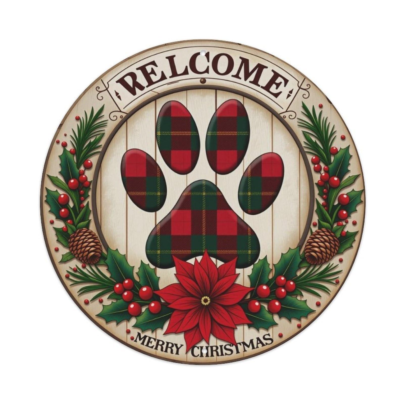 Ldfuieksufg Style Plaid Paw Print Christmas Welcome Round Decor Sign Vintage Aluminium Metal Sign, Retro Wall Decor For Home, Bar, Garage & Farmhouse 20X20cm