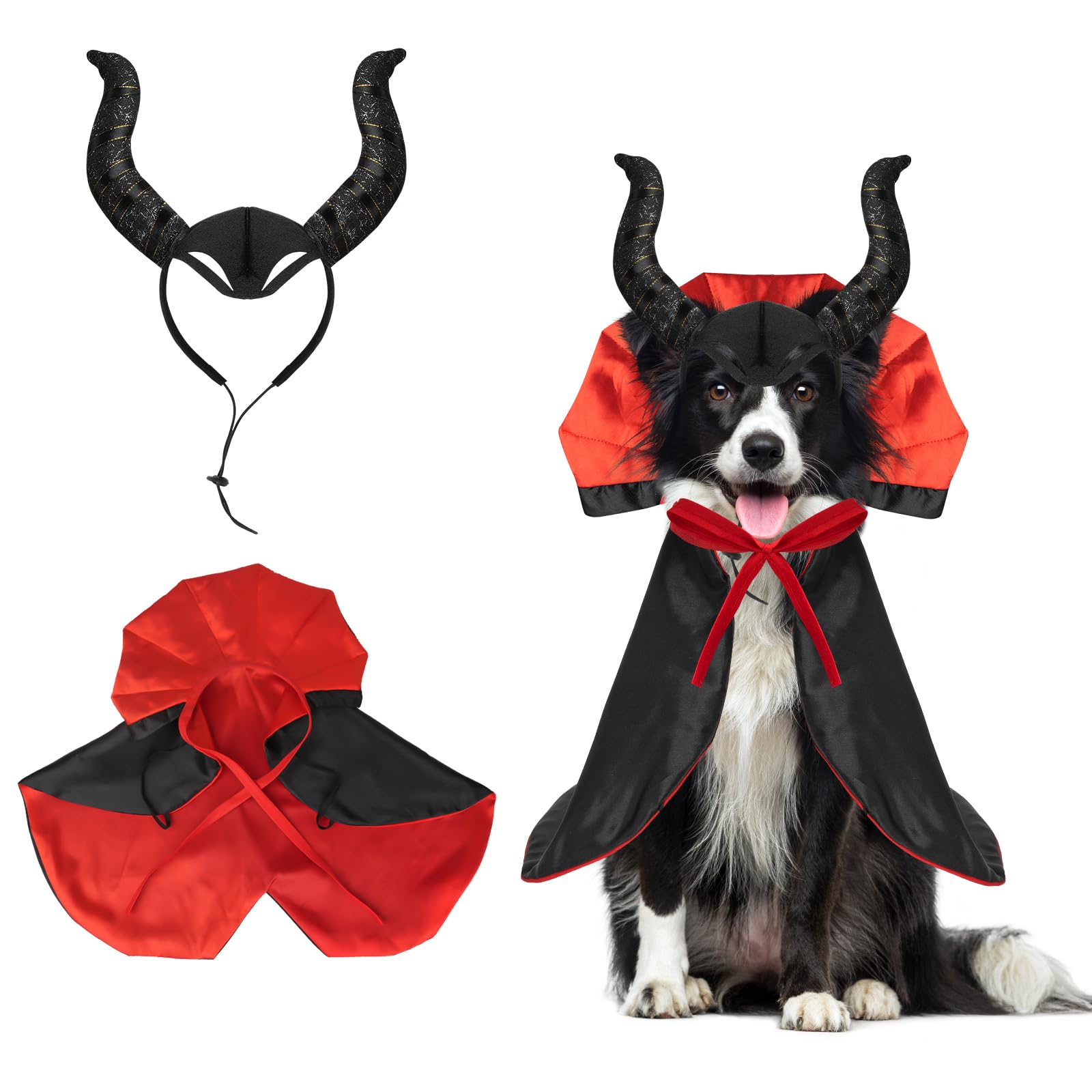 Halloween Dog Cat Vampire Costume Headband 2 Pcs Dog Halloween Costumes Holiday Clothes for Pet Adjustable Vampire Cloak Devil Horns Hat for Pet Cosplay Party