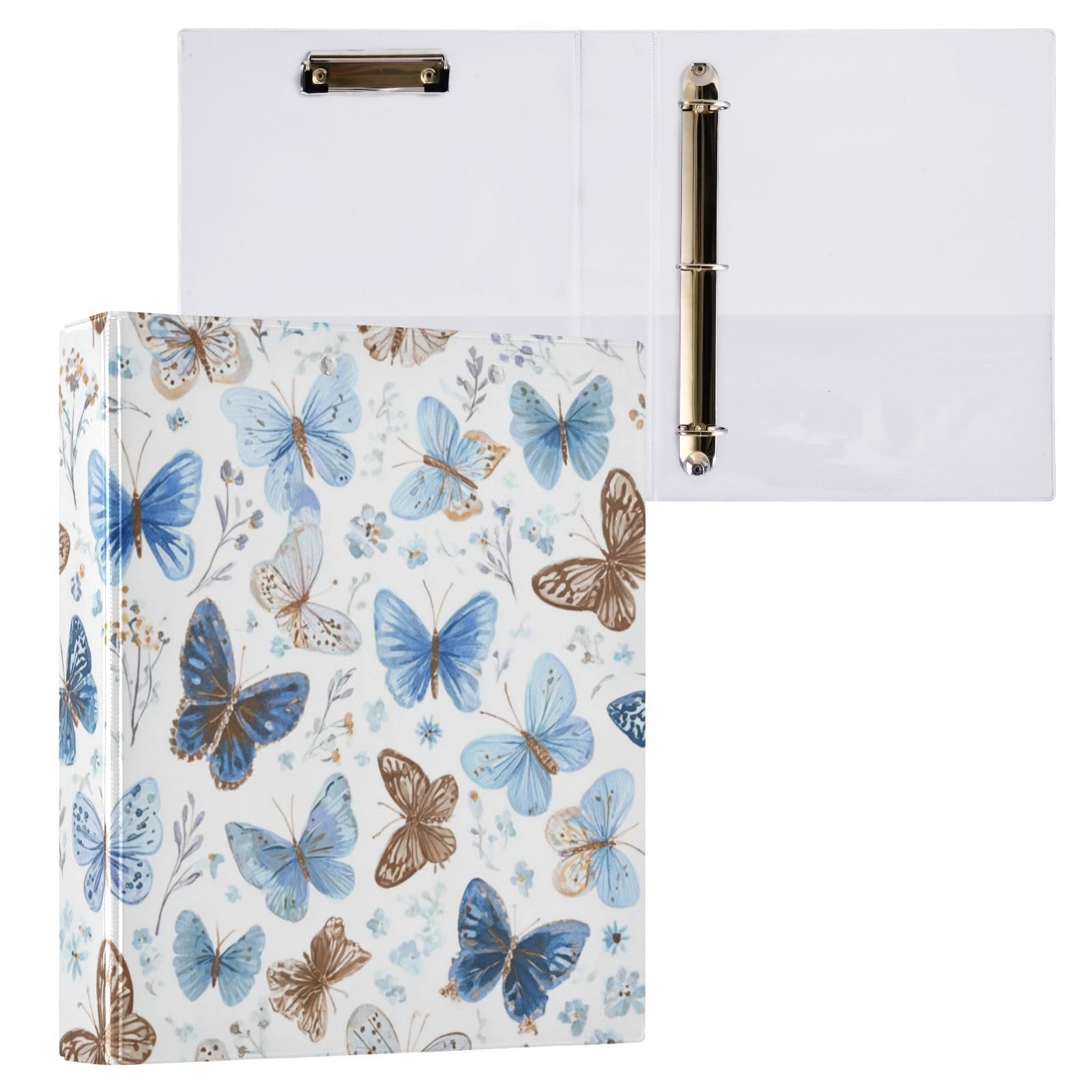 Kcldeci Raccoglitore a 3 anelli con copertina rigida, farfalle blu e marroni, anelli rotondi da 3,8 cm, con tasche interne, per scuola, ufficio, ricette, raccoglitori, confezione da 2
