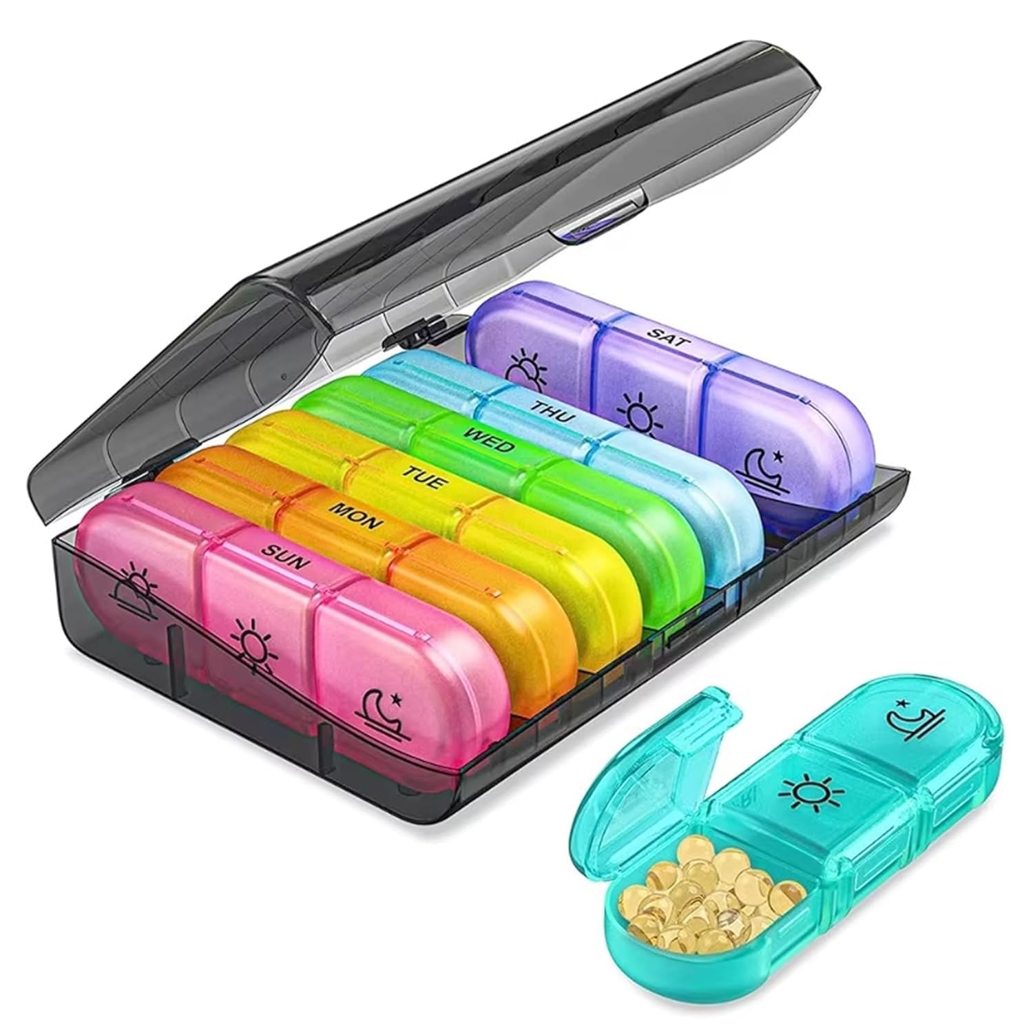 INKULTURE Weekly Medicine Organizer Box 03 Times a Day, Daily Tablets Container Case Travel Pill Box For 07 days | Black & Multicolor | 01 Pcs