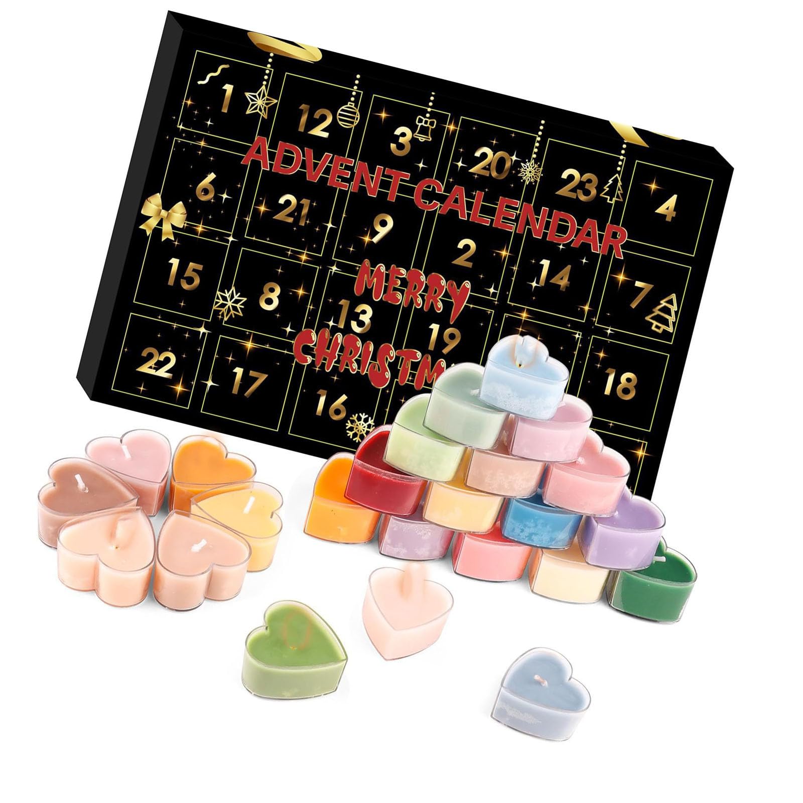 Juego de velas decorativas navideñas, 24 piezas, surtido de cera aromática en forma de corazón para decoración de festiva, ambiente de dormitorio, exhibición acogedora de repisa, vela de cuenta