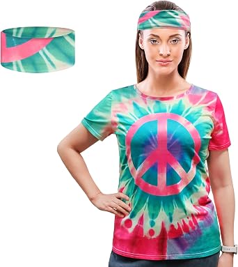 Hippie Costume for Women 60s and 70s colorful T-shirt and headband 2-piece theme party