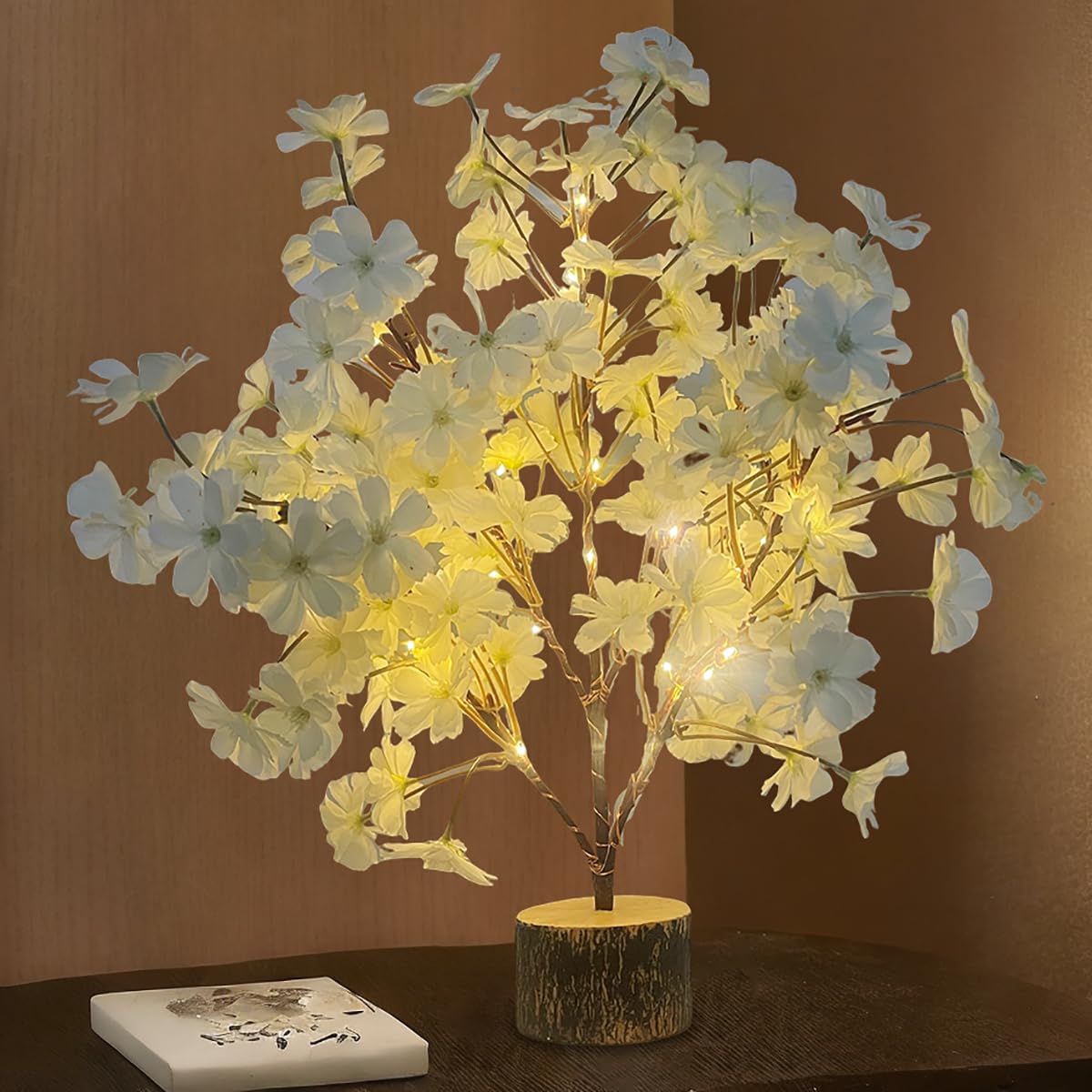 19IN Lighted White Cherry Blossom Tree, 49 LED Lights Spring Tabletop Tree with Timer, Light up Trees Decor Indoor Battery Operated for Home Wedding Party Bedroom