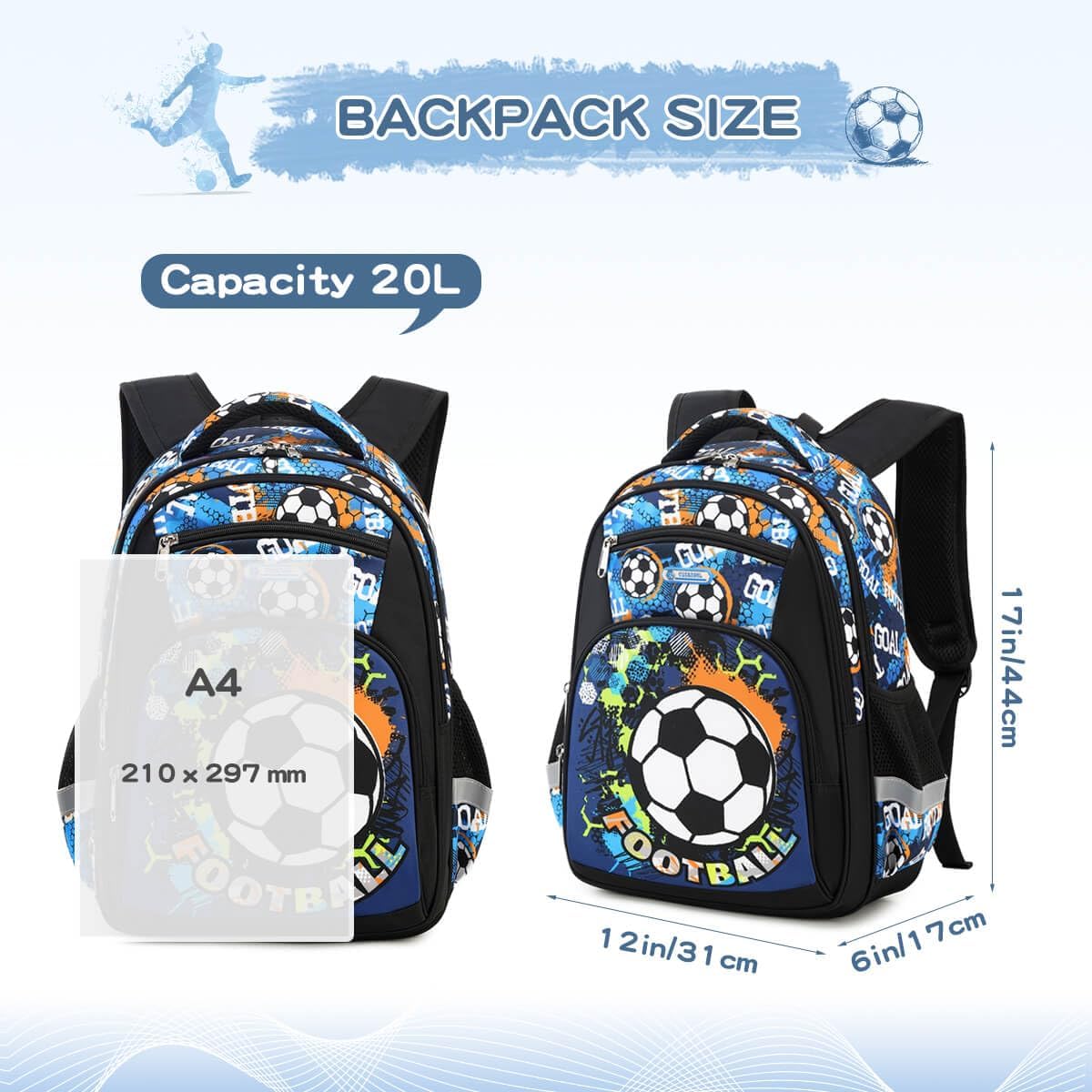 Cusangel Boys Backpack,Soccer Backpack for Boys,Grades 1-4 Football Print Bookbag for Kids Multi Compartment, Chest Strap Side Pockets 16 Inch - Image 4