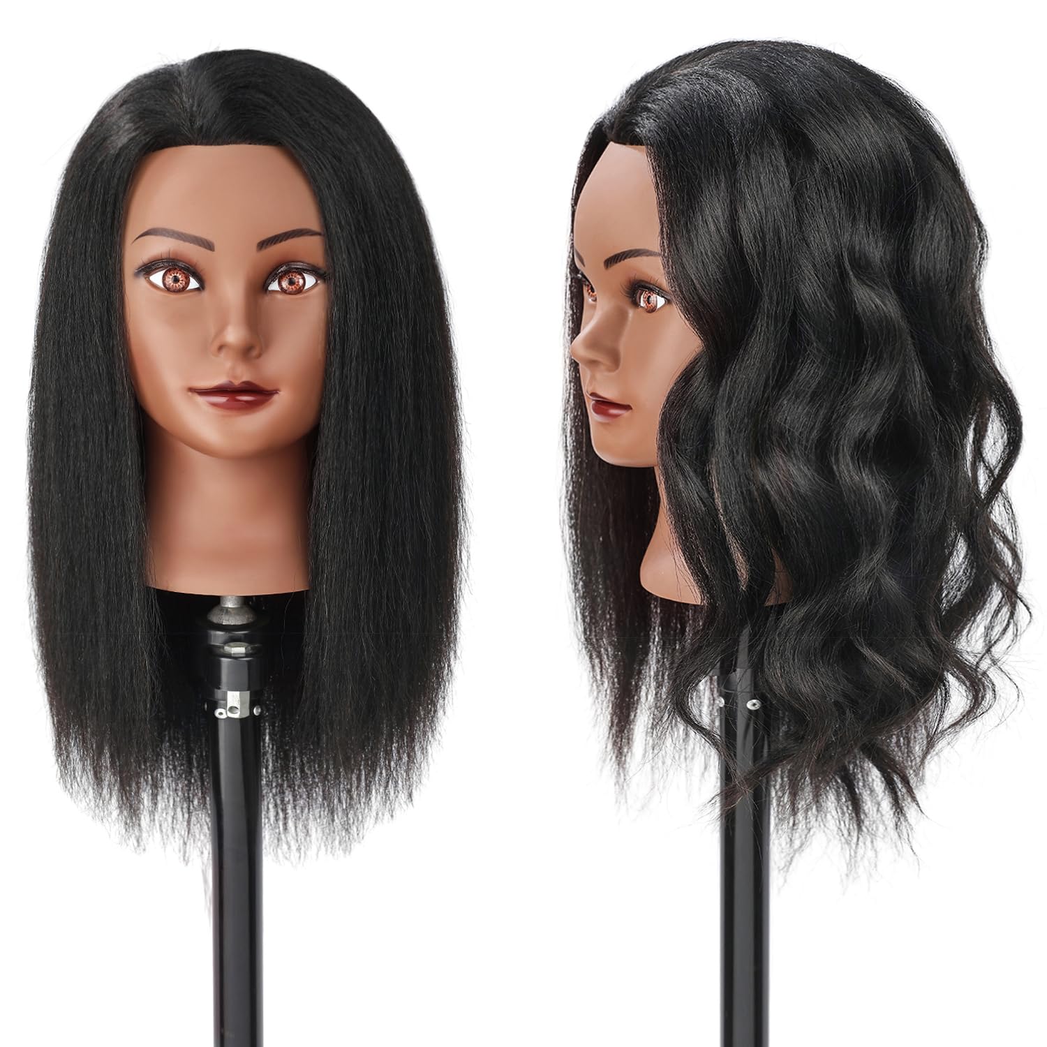Mannequin Head with 100% Real Hair, 14" Cosmetology Mannequin Manikin Training Practice Doll Head for Hairdresser Braiding Hair Styling Hairdressing and Clamp Holder- Black