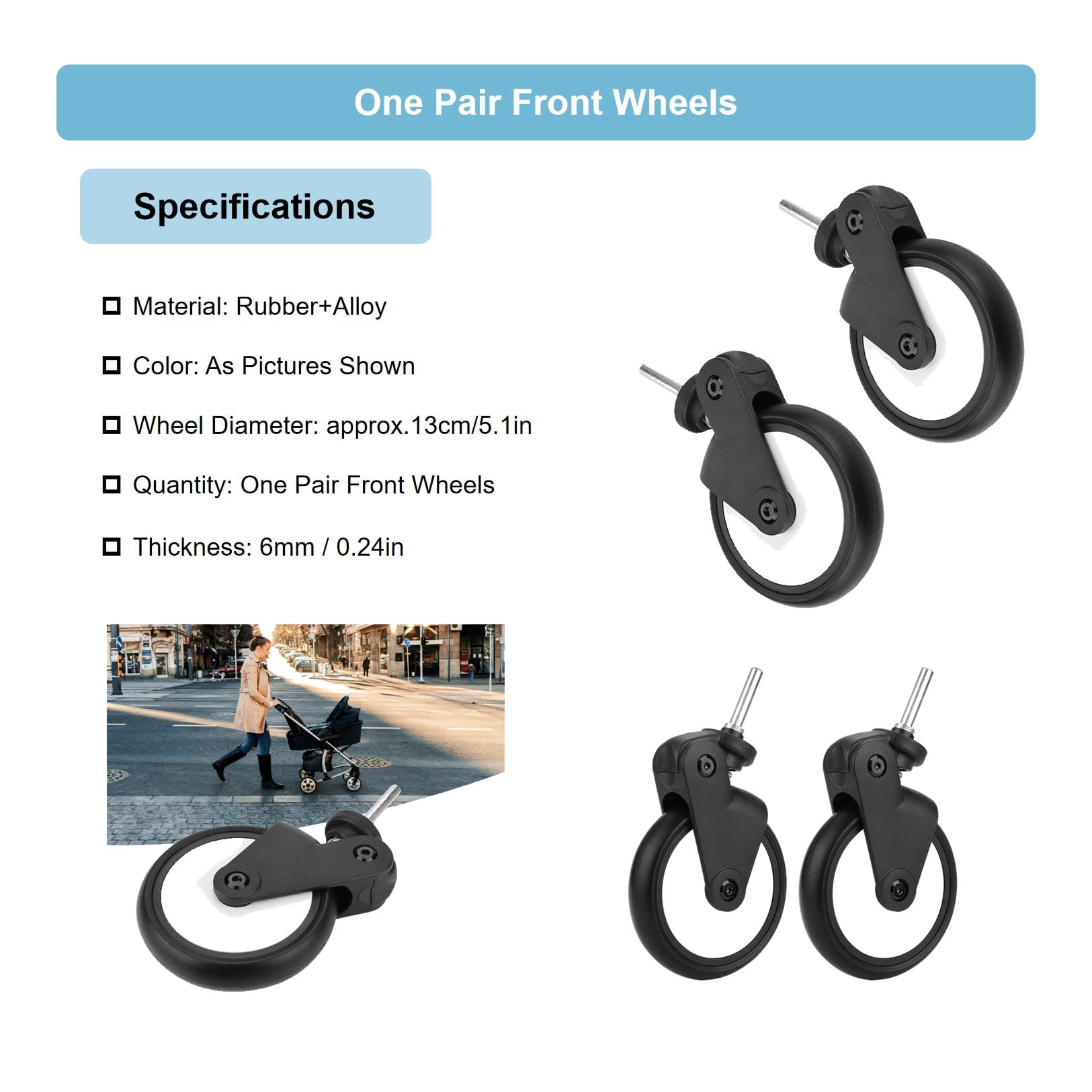 Roues de Poussette Bébé, Roues en Caoutchouc Accessoires Roues de Poussette de Rechange Poussettes Universelles Ensemble de Roulettes de Rechange pour Yoya Vovo Wheel Kids(Une paire de roues avant)