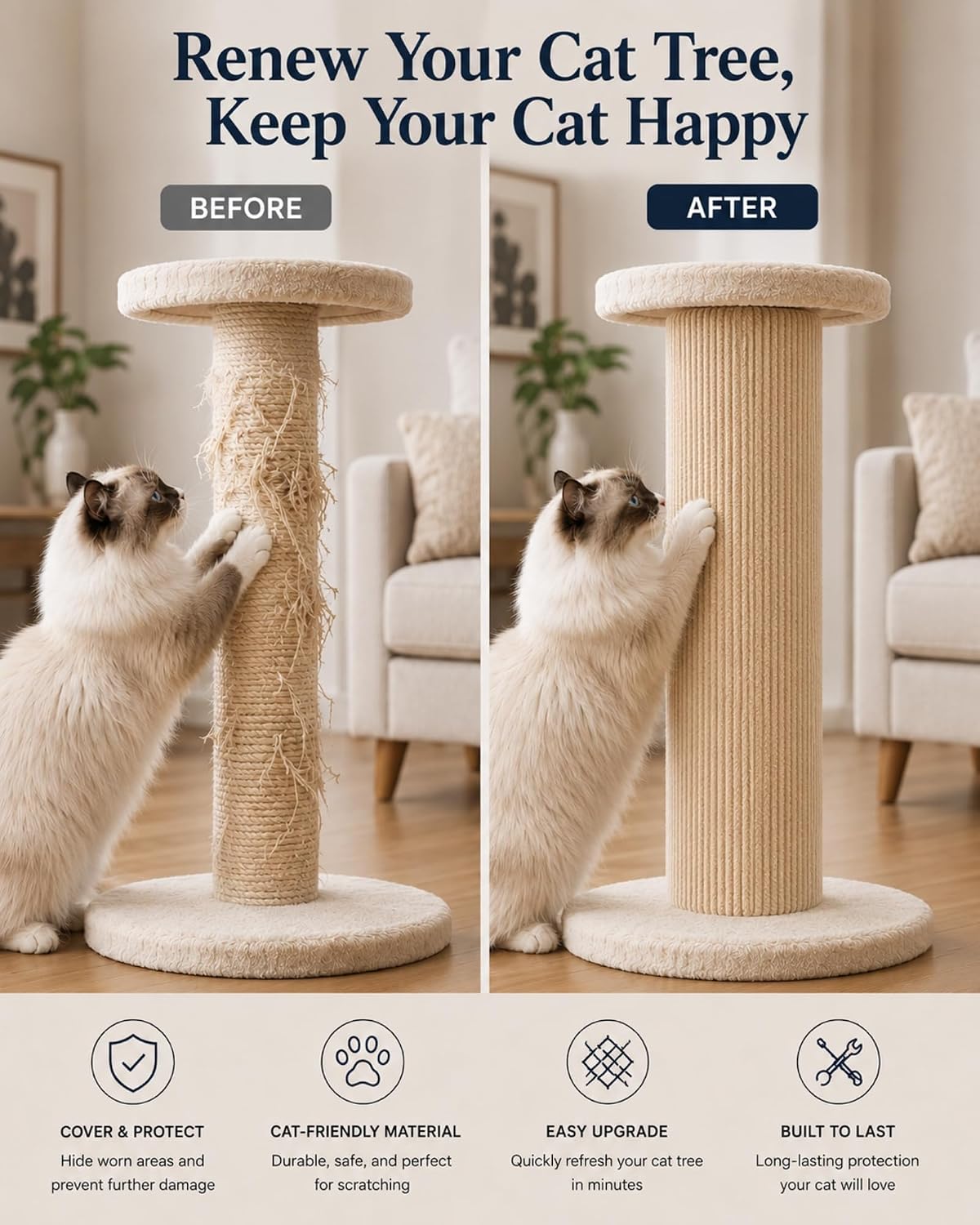 Corner & Wall Cat Scratch Mat (Beige, 23.6''x11.8'', 3-Pack), Self-Adhesive Trimmable Cat Scratcher, Wall Mounted Scratching Pad for Indoor Cats, Sofa Furniture Protector, Cat Post Cover Replacement