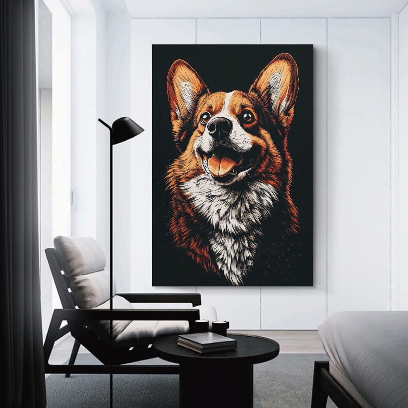 Junmoney Happy Corgi Dog Portrait Home Decor Wall Art, 24x36inch(60x90cm), for Wall Displays, Bedrooms Or Room Updates, Ideal for Building A Coordinated Art Wall
