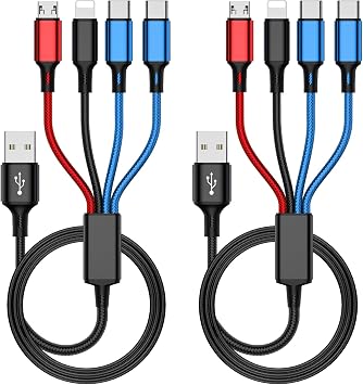 USB Charging Cable 4 in 1 2 Pack Dual USB C, Multi Charging Cable Non-Fast Charging Nylon Braided 3 in 1 USB Cable for Charging Phones, Tablets, Earphones, and Other Devices