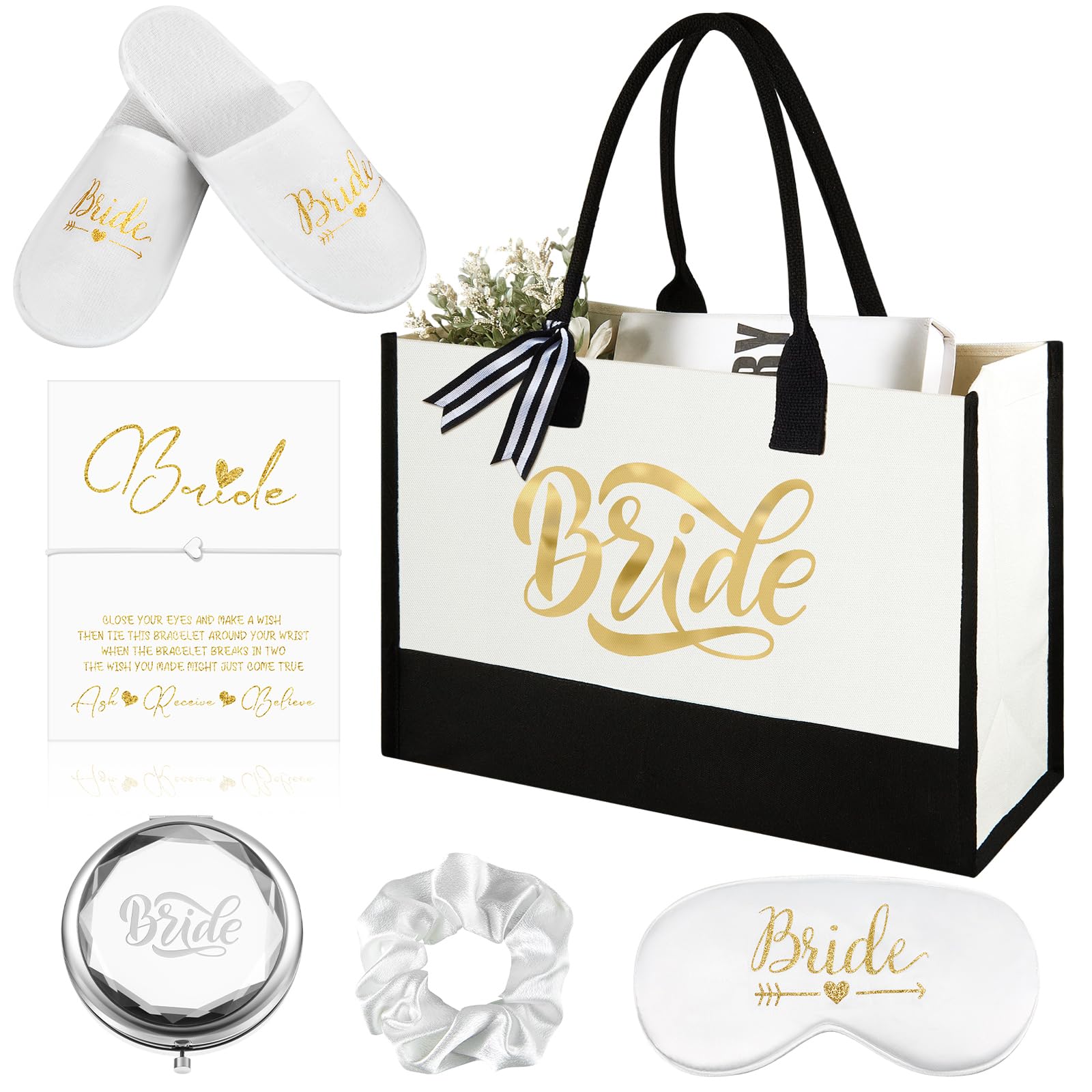 Hestya 6 Pcs Bride to Be Gifts Include Cosmetic Tote Bag, Bride Slippers, String Bracelet with Card, Makeup Mirror