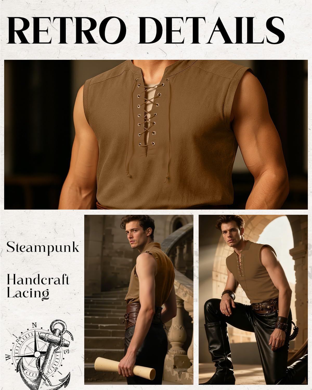 Cotton Mens Renaissance Shirt Pirate Medieval,Sleeveless Halloween Costume Steampunk Viking Lace-up Stand Collar Shirts