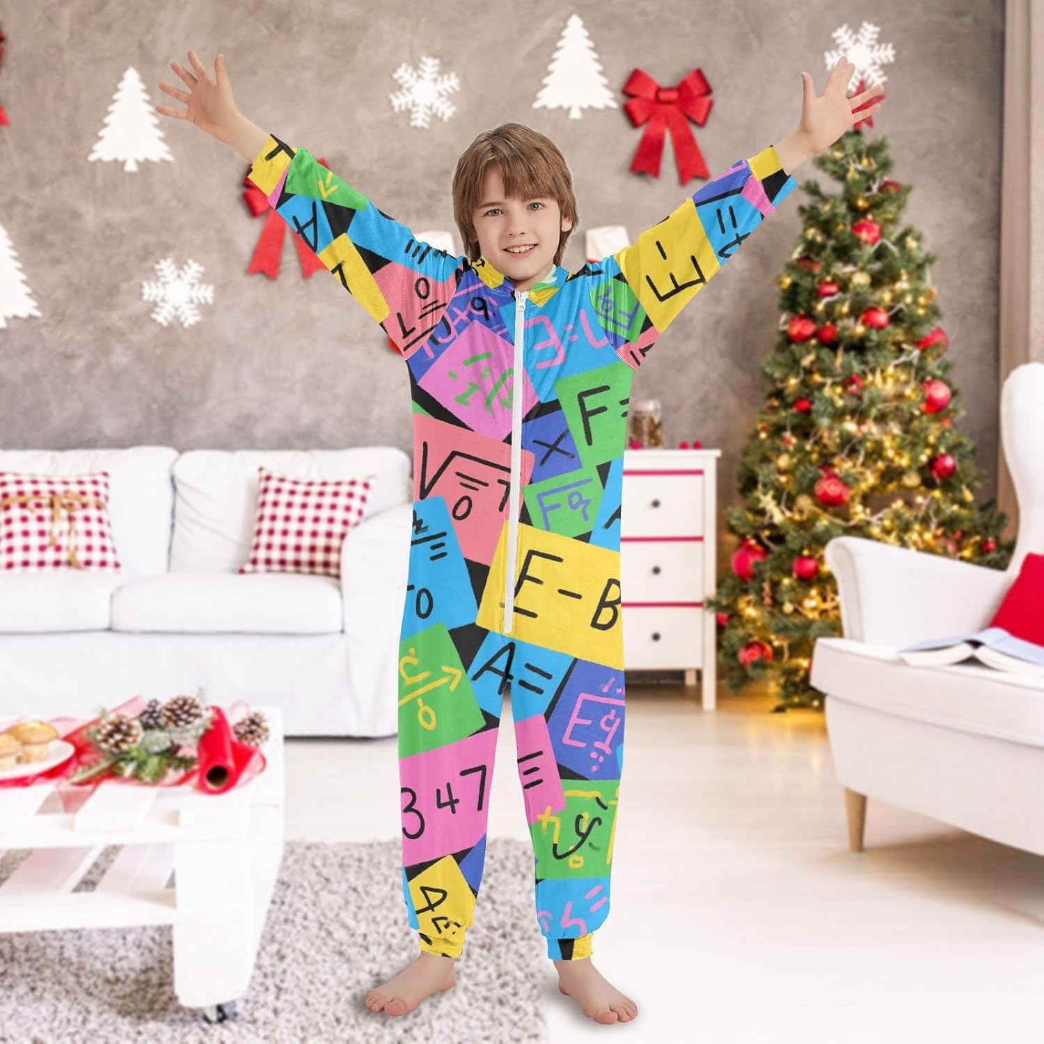Unisex Onesie Pajamas Soft Warm Hooded One-Piecing Loungewear Sleepwear for Christmas Home 4-14Y