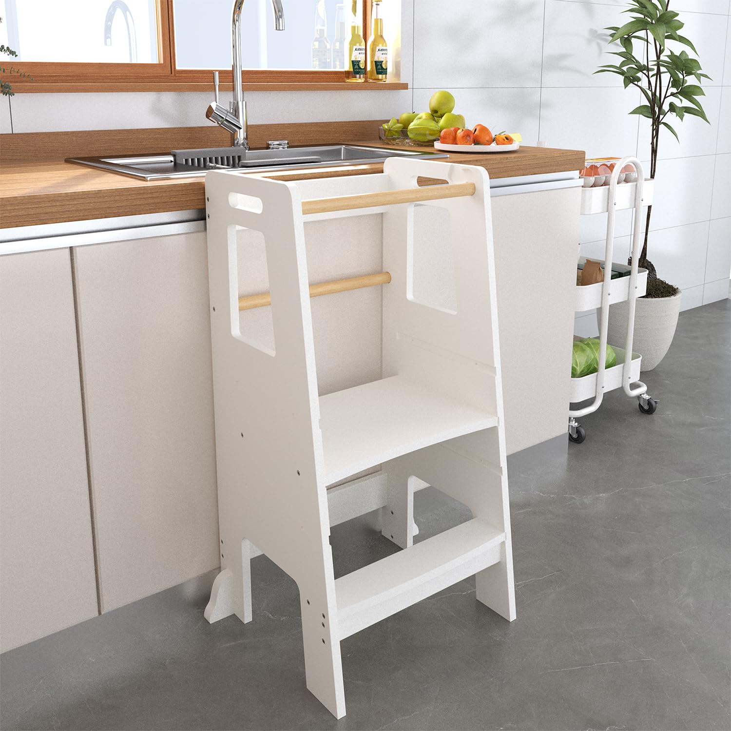 Adjustable Kids Standing Tower with Removable Safety Rail Design,Montessori Learning Stool Helper for Kitchen, Bathroom, or Playroom, Solid Wood Step Stool for Toddlers & Kids