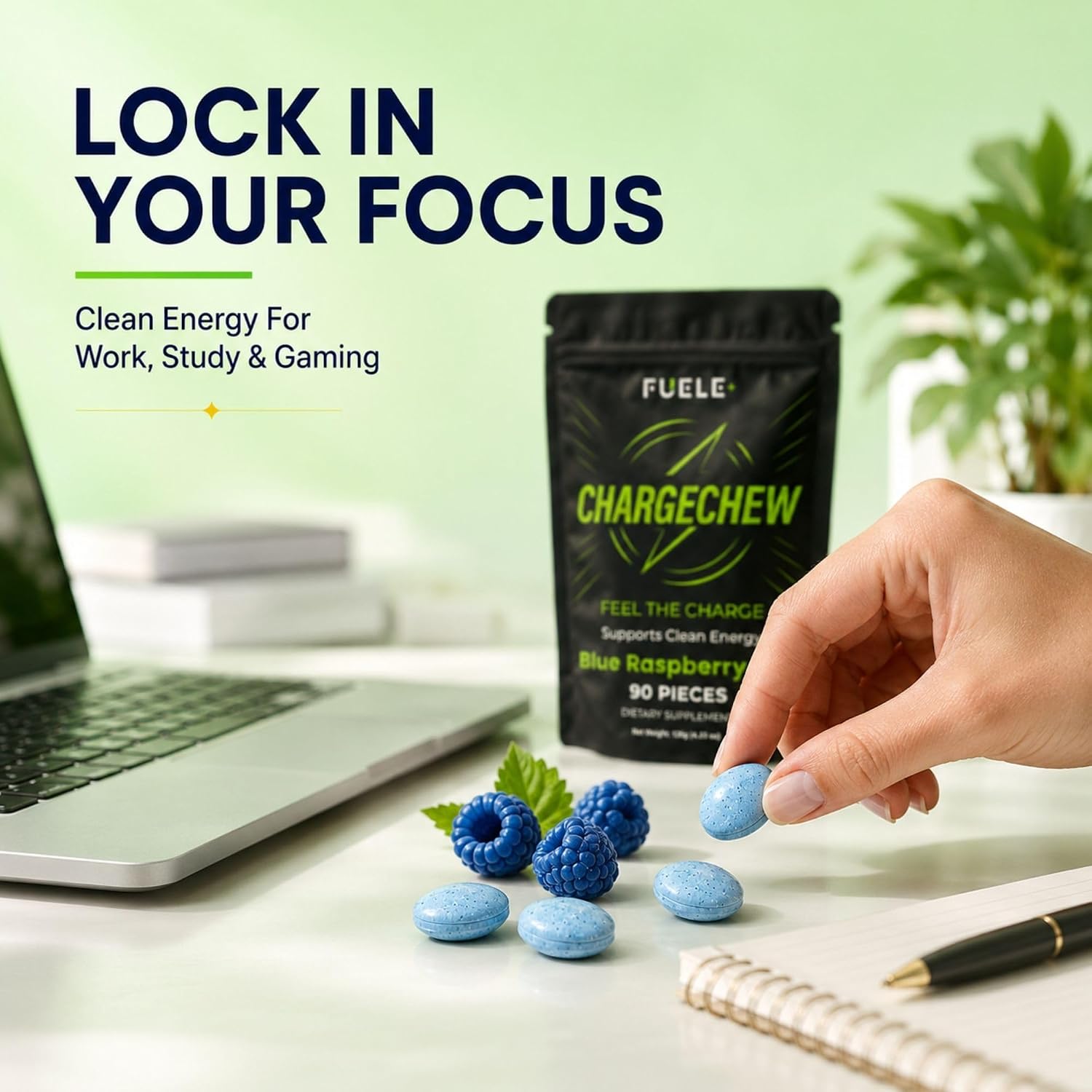 Energy Chews with Caffeine Sugar Free Clean Energy Chews for Focus & Alertness, Vegan Energy Chewing Gum, Blue Raspberry Ice (90 Pieces)