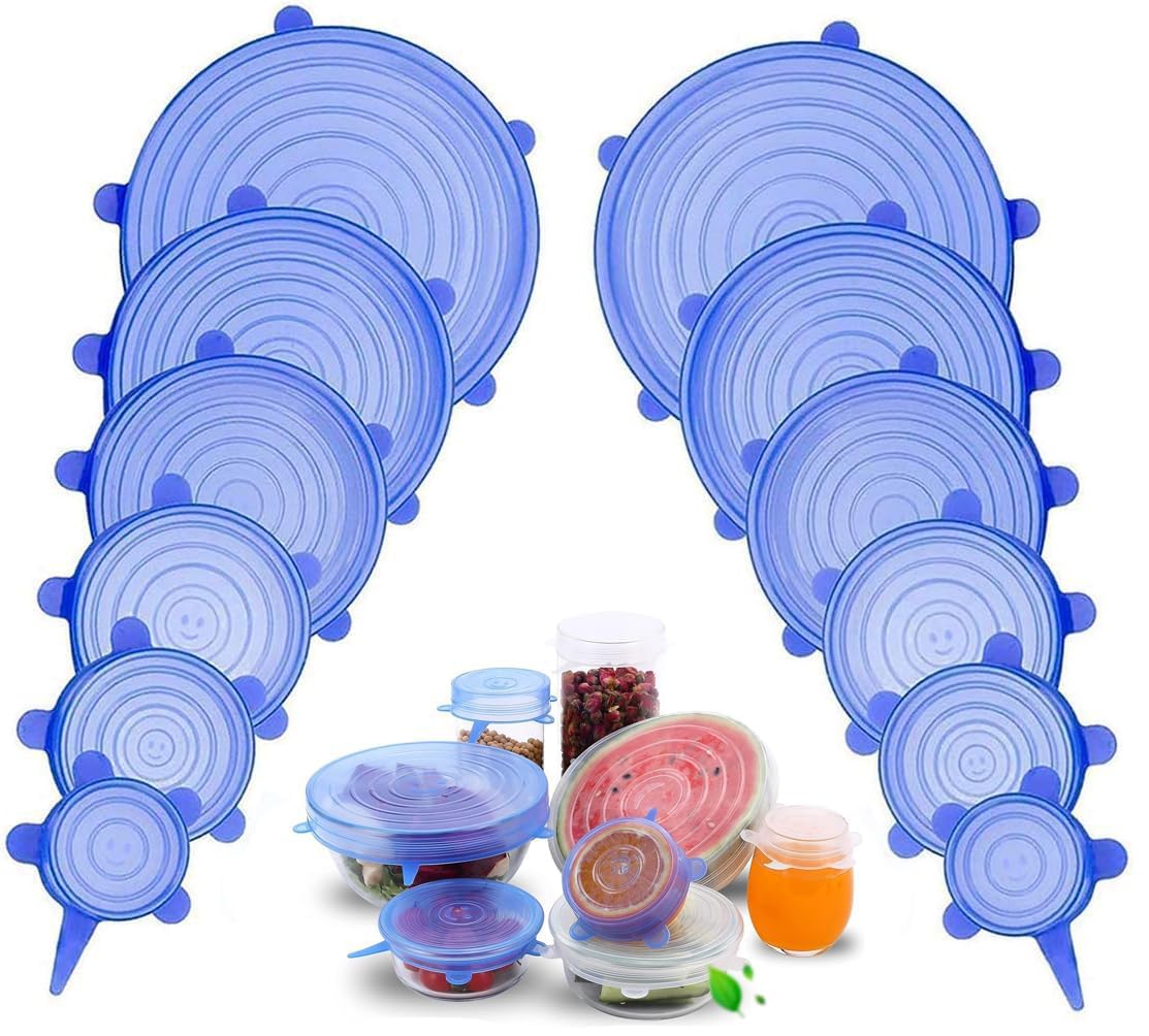 HGKOL12Pcs Silicone Stretch Lids Reusable Lids Food Covers BPA Free Tin Cover Lids Dishwasher Safe Container Lid Covers for Leftover Food Fruit Bowls Pots - 6 Sizes