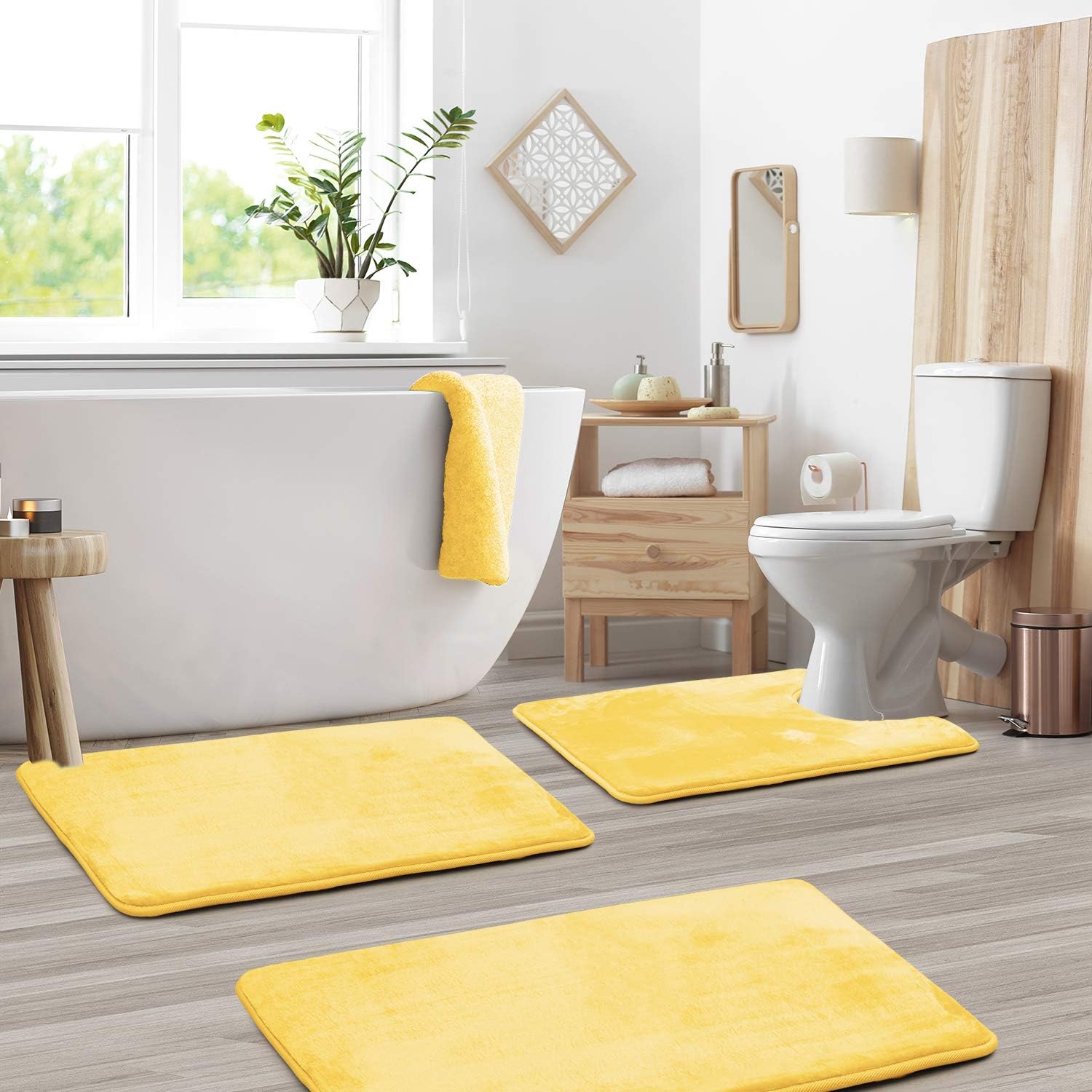 Clara Clark Bathroom Rugs – Memory Foam Bath Mat Set for Bathroom, Non Slip Absorbent Velvet - Fast Drying Bath Mats – Bathroom Rug and Contour Rug Set 3 Piece - 20 x 32-17 x 24-19 x 24, Yellow : Home & Kitchen