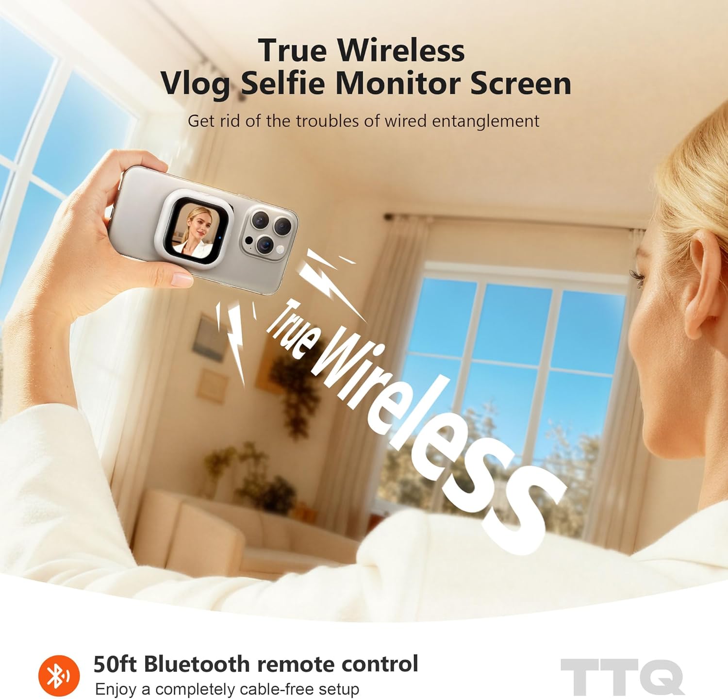 4K Vlog Selfie Monitor Screen, Ultra Vivid Phone Vlog Selfie Monitor, Bluetooth Remote Back Camera Monitor for Content Creator - Ivory - Image 4