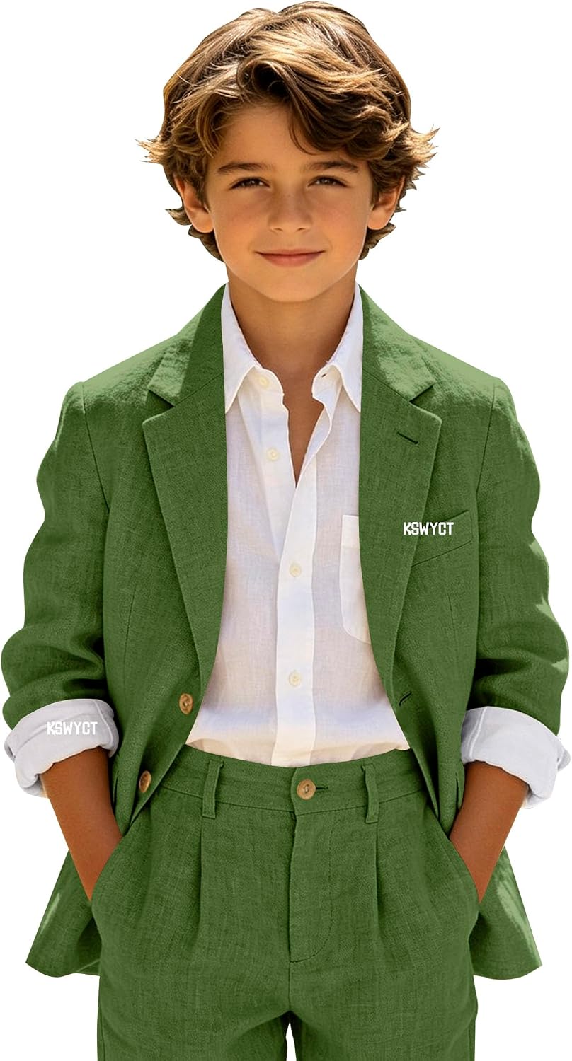 Boys Linen Suit 2 Piece Slim Fit Casual Wedding Beach Summer Blazer Pants Set Kids Formal Outfit for Ring Bearer Graduation