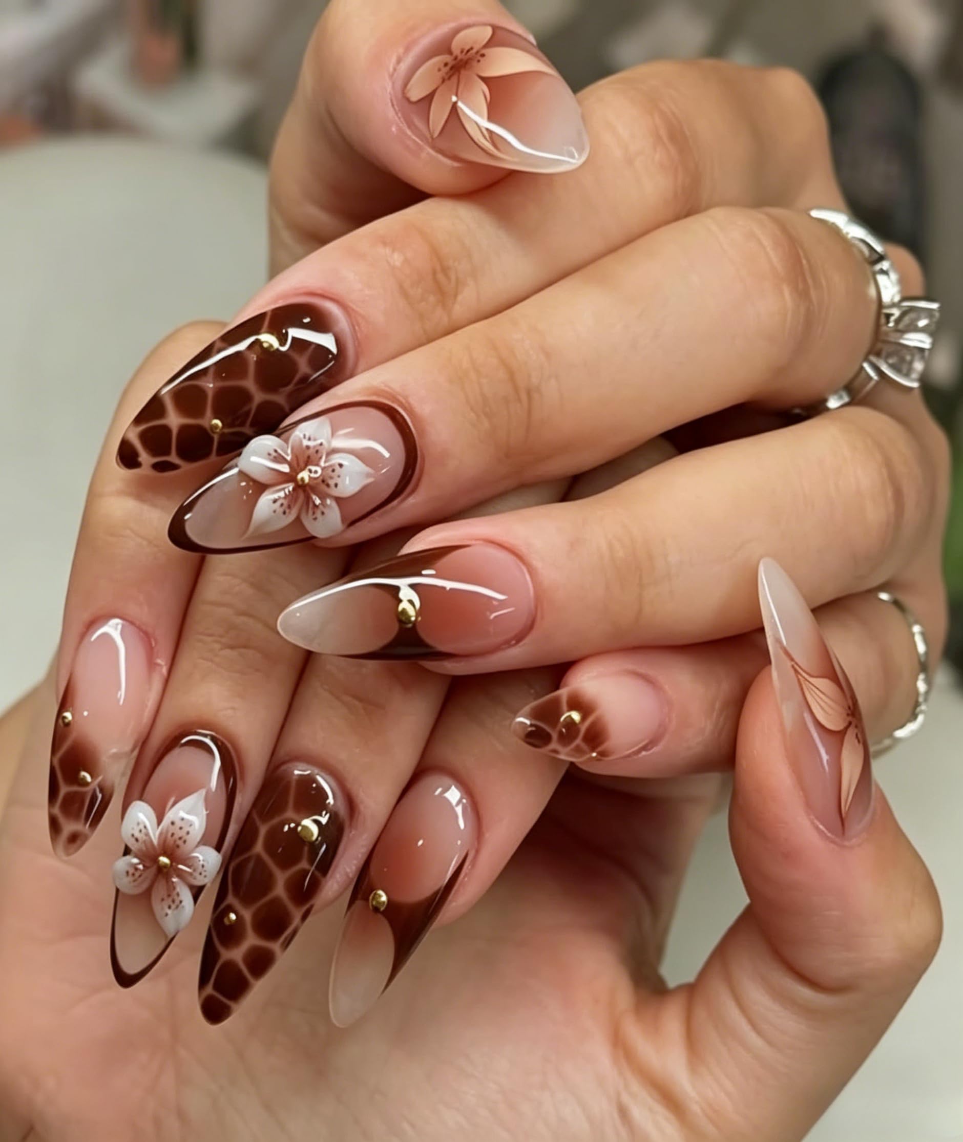 Marble Crack Press on Nails, Medium Almond Fake Nails Designs, 3D Hibiscus Flower False Nails Brown French with Small Gold Pearls, Full Cover Glossy for Women Daily Wear Manicure Decoration-image-17