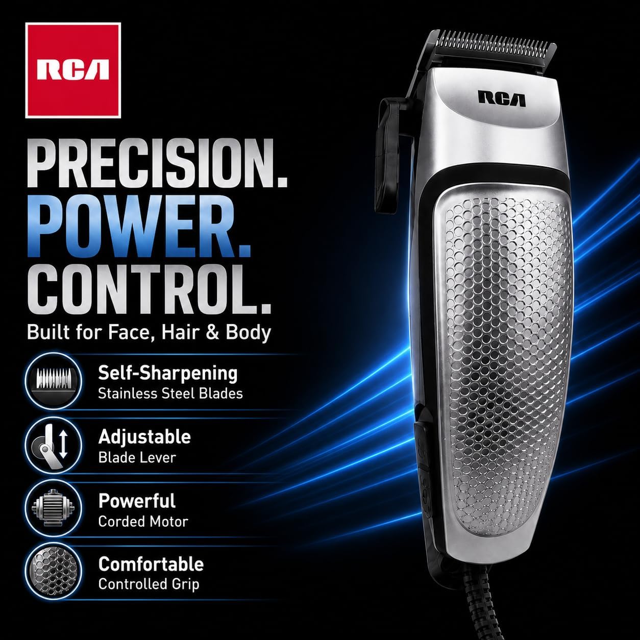 RCA Body Groomer for Men, Head-to-Toe Power Trimmer Full 21 PC Set, Body Hair Trimmer for Men with 11 Cutting Guides, Electric Razor for Men, All-Over Trimmer Kit with Storage Case