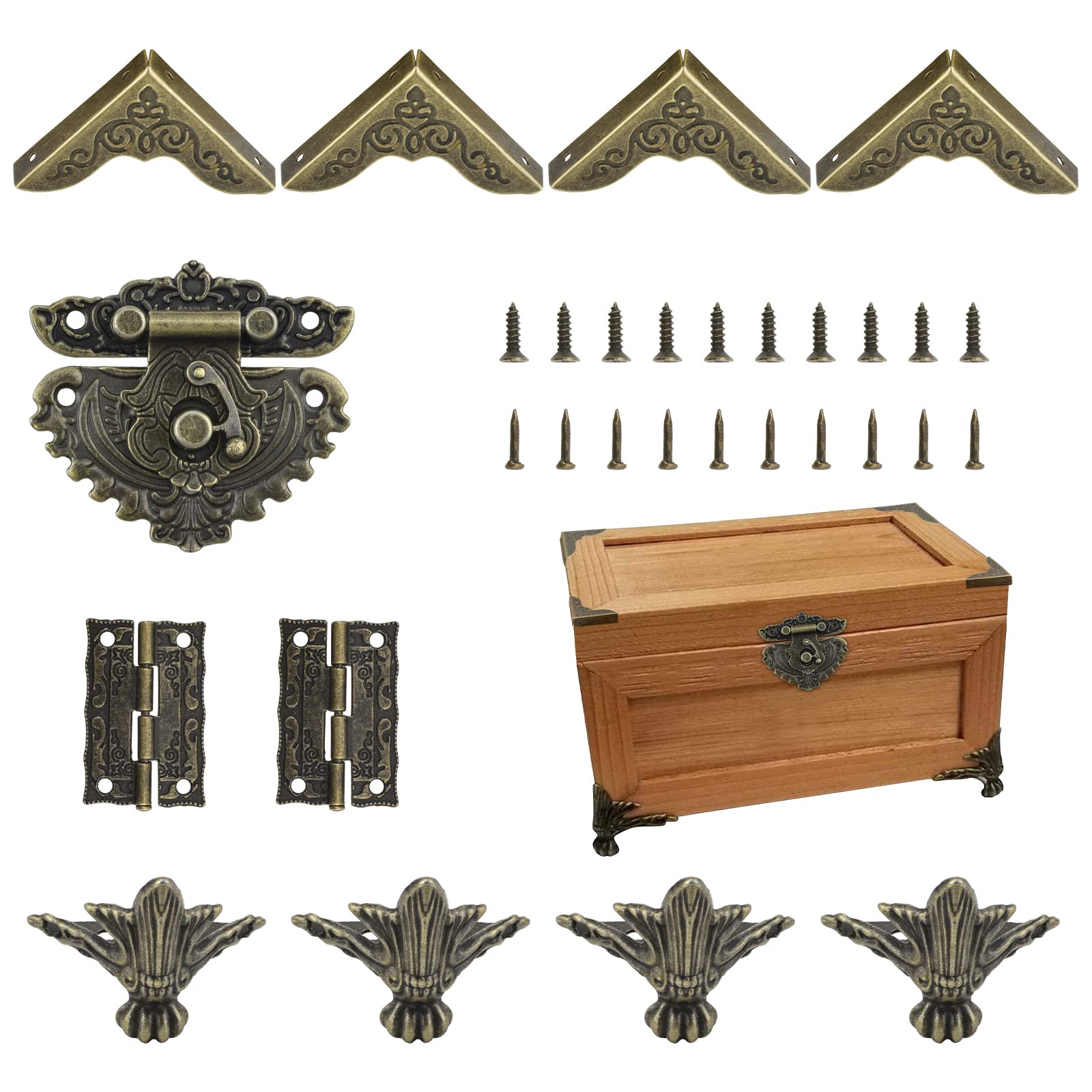 Morobor Bronze Jewelry Box Antique Heart-Shaped Lock Latch Hasp Hinges Box Corner Protectors Kit For Diy Jewelry Box Wood Case Jewelry Chest Storage Box Feet Leg Corner Protector, Box Not Included