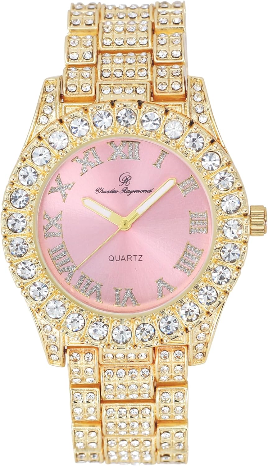Charles Raymond Women's Big Rocks Bezel Colored Dial with Roman Numerals Fully Iced Out Watch - ST10327LA