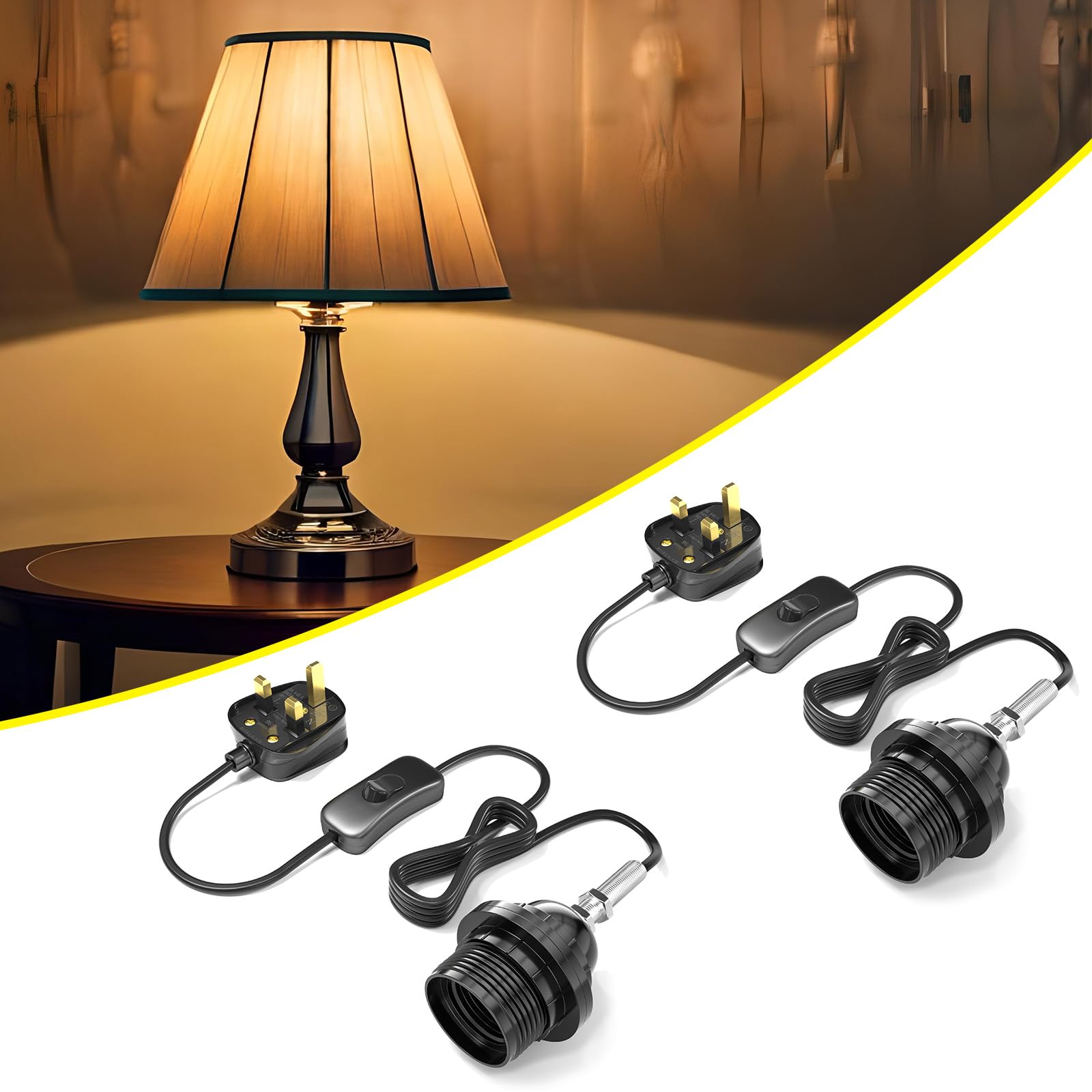 Lamptobe E27 Lamp Holder Kit AC220-250V Wide Pressure DIY Table Lamp Rewiring Kit with Switch UK Plug for Replacement of Old Lighting, Table Lamp, Floor Lamp, Antique Lamp, etc (2pack)