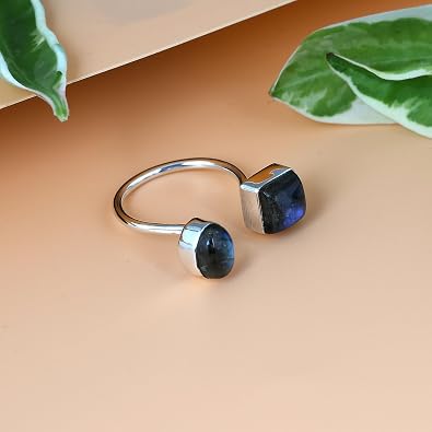 SSJ Labradorite Toe Ring for Women 925 Sterling Silver Cushion Oval Shape Toe Adjustable Ring Statement Jewelry Gift for Mother Christmas (Blue)