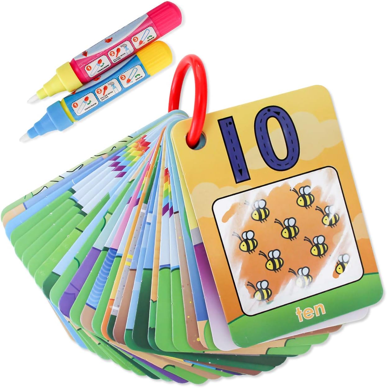 Water Painting Graffiti Book Card 26pcs Early Education Cognitive Cards Colouring Doodle Board 2 Magic Drawing Pens Games Toy for Toddlers Kids Baby – Number, Shapes and Colors