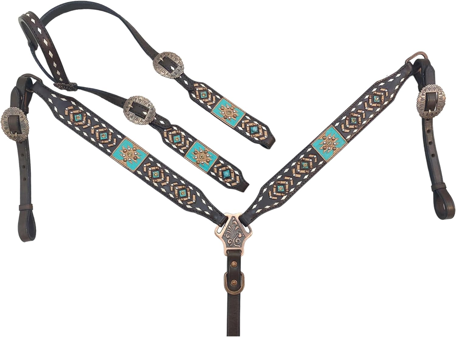 Genuine Argentina Cow Leather Headstall Breast Collar Set Decorated with Aztech Tooling and Carving White Raw Hide Braiding