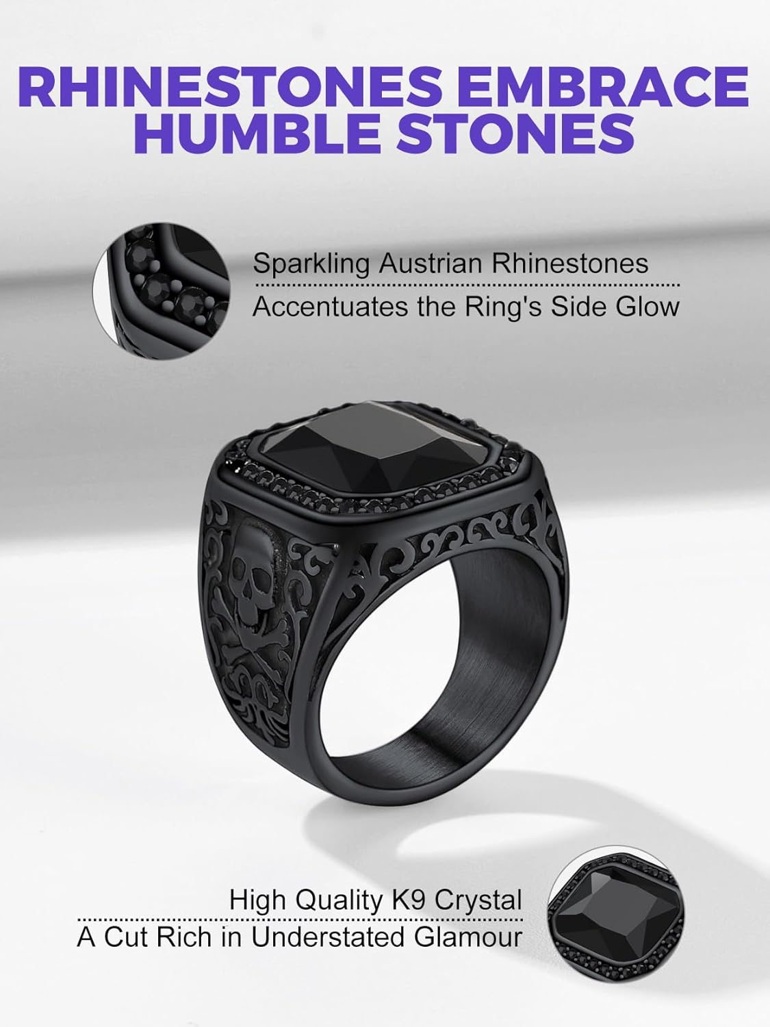 Richsteel Skull Black Onyx Ring for Men Retro X Bone Thumb Band Ring Punk Jewelry Custom Gift for him (Personalized Red/Blue/Green Stone) - Image 3