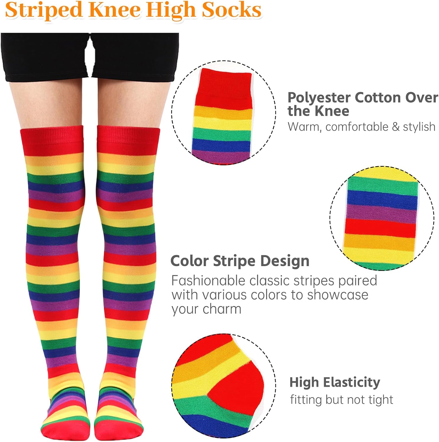 4 Sets Striped Thigh High Socks Leg Warmers Long Knitted Arm Warmers,Knee High Socks for Women Fingerless Gloves - Image 5