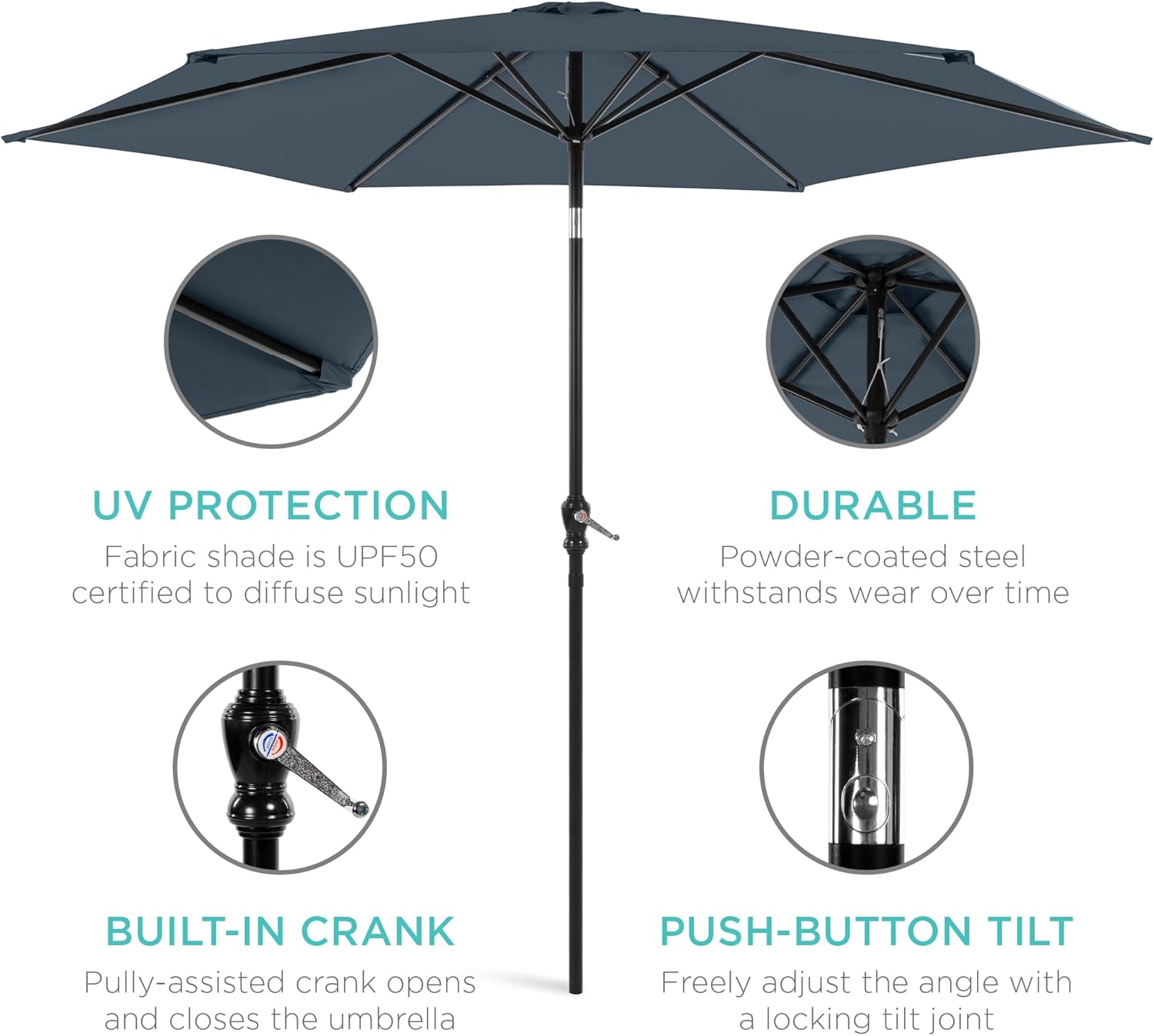 Best Choice Products 10ft Outdoor Patio Umbrella, Outdoor Table Umbrella, Yard Umbrella, Market Umbrella with 8 Sturdy Ribs, Push Button, Tilt and Crank - Slate Blue